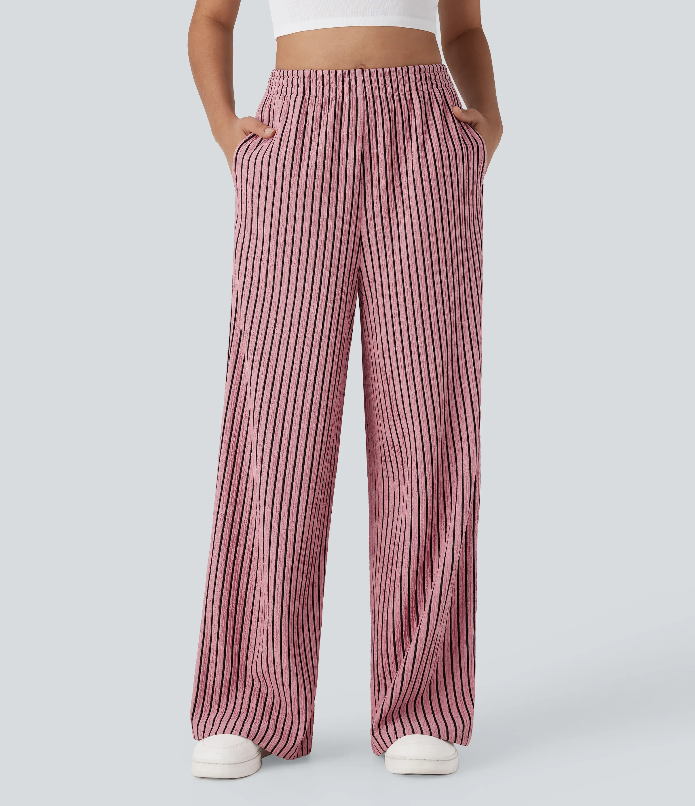 Halara Pantalones casuales rectos de tiro arrugados con bolsillos laterales - Candy Pink Black Stripes - XL(regular) sold by Halara product image thumbnail 2