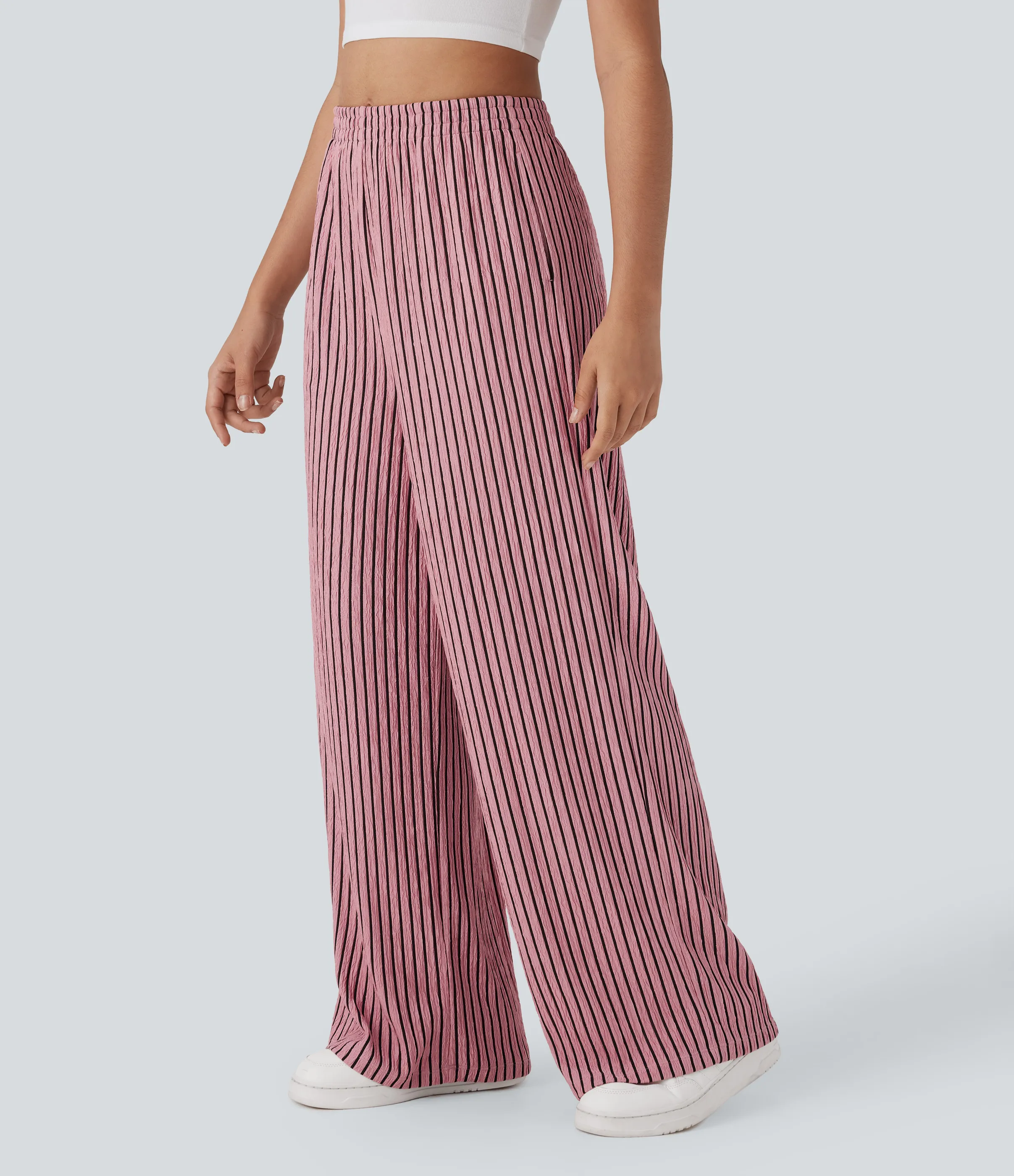 Halara Pantalones casuales rectos de tiro arrugados con bolsillos laterales - Candy Pink Black Stripes - XL(regular) sold by Halara product image thumbnail 4