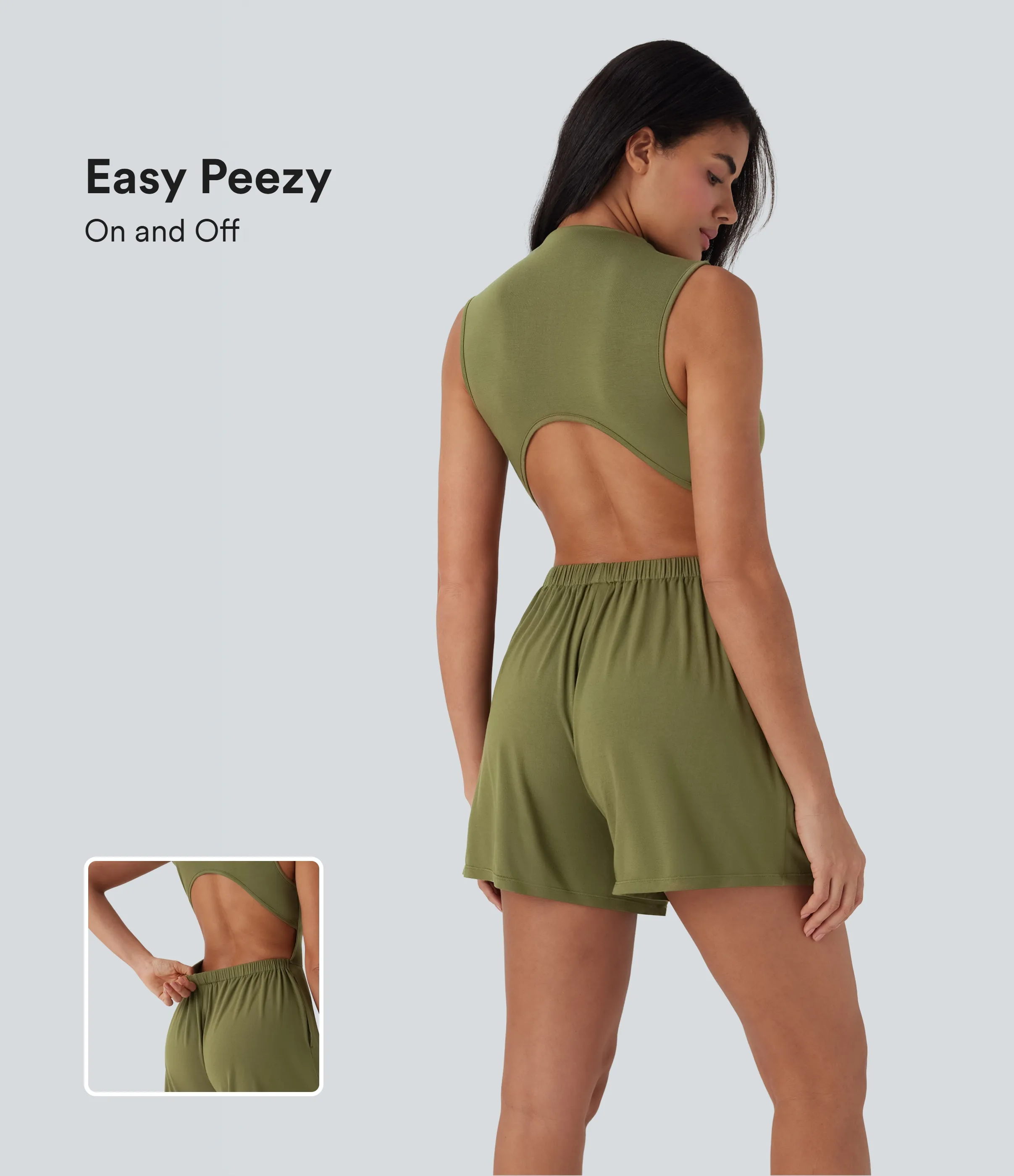 Halara Mono casual sin mangas con cuello alto y espalda descubierta con bolsillos - Easy Peezy - Olive Drab - XL sold by Halara