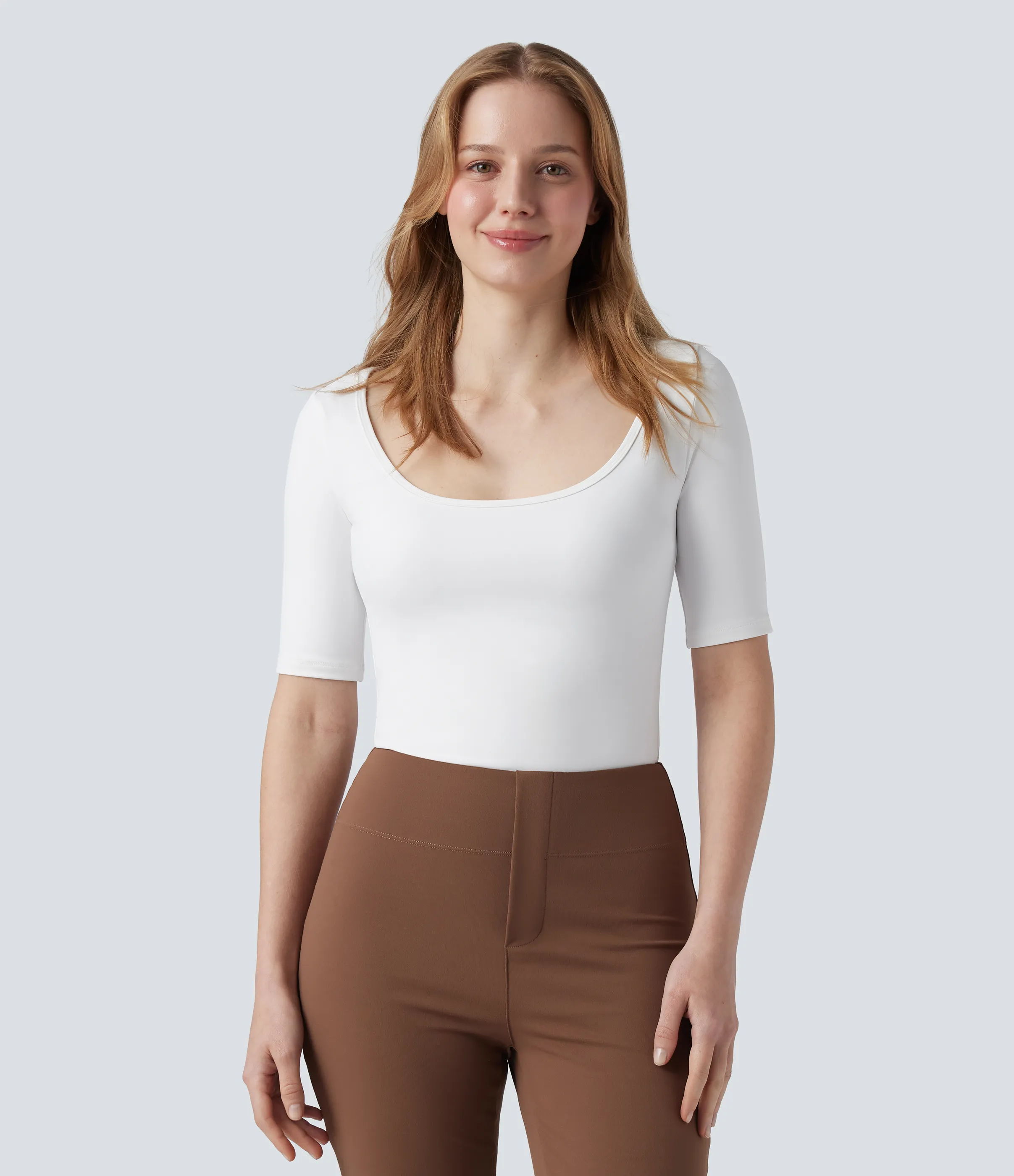 Halara Camiseta de oficina SoftlyZero™ de manga corta con cuello redondo y tacto fresco - White - L sold by Halara product image thumbnail 4