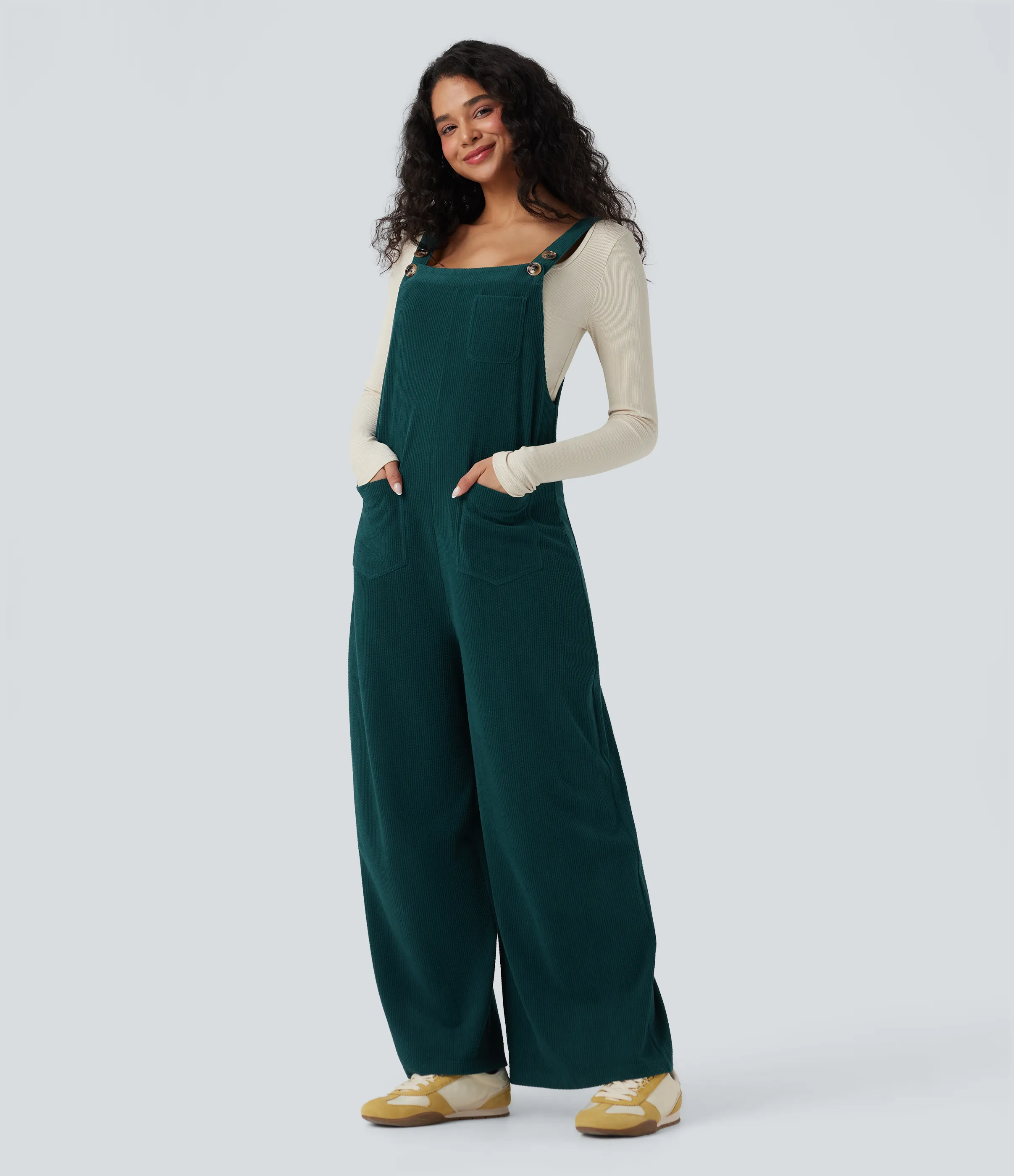 Halara Jumpsuit casual de pana con cuello cuadrado y bolsillos - Dark Sea - XL(regular) sold by Halara