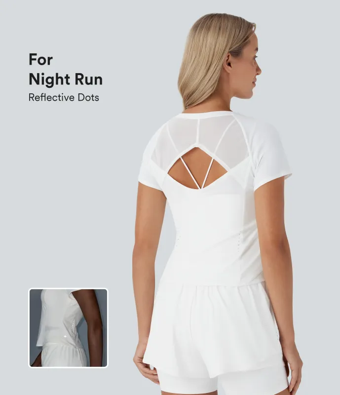 Halara Camiseta deportiva correr secado rápido cuello redondo manga corta reflectante malla contrastante corte - White - XS made by Halara