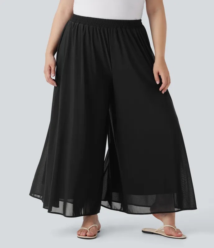 Halara Pantalones casuales de pierna ancha con superposición de malla y cintura alta de talla grande con bolsillos laterales - Black - 1X(regular) made by Halara