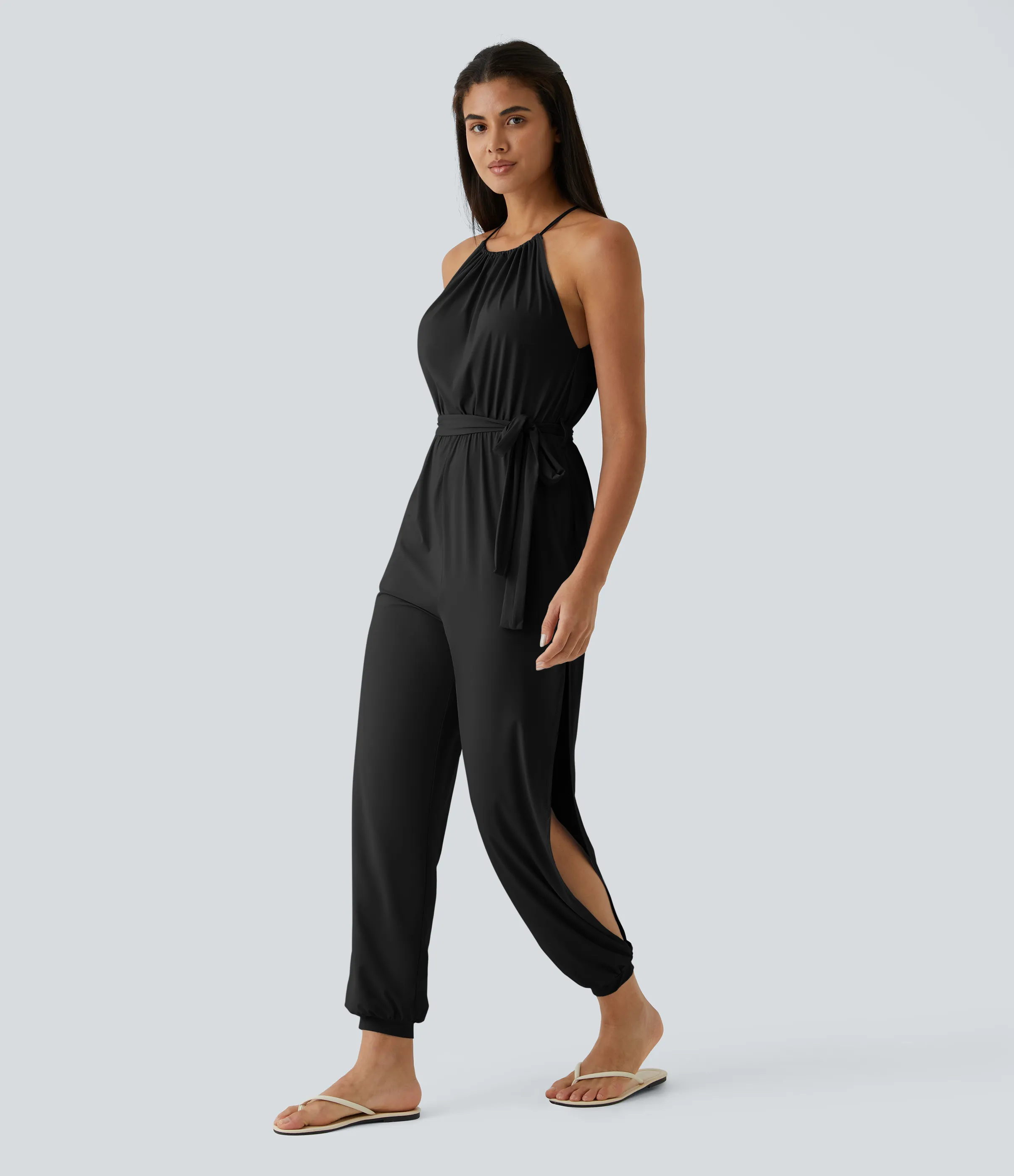 Halara Mono sin manga lazo espalda plisado cinturón bolsillo lateral cut-out tacto fresco Resort - Black - XL(petite) sold by Halara product image thumbnail 2