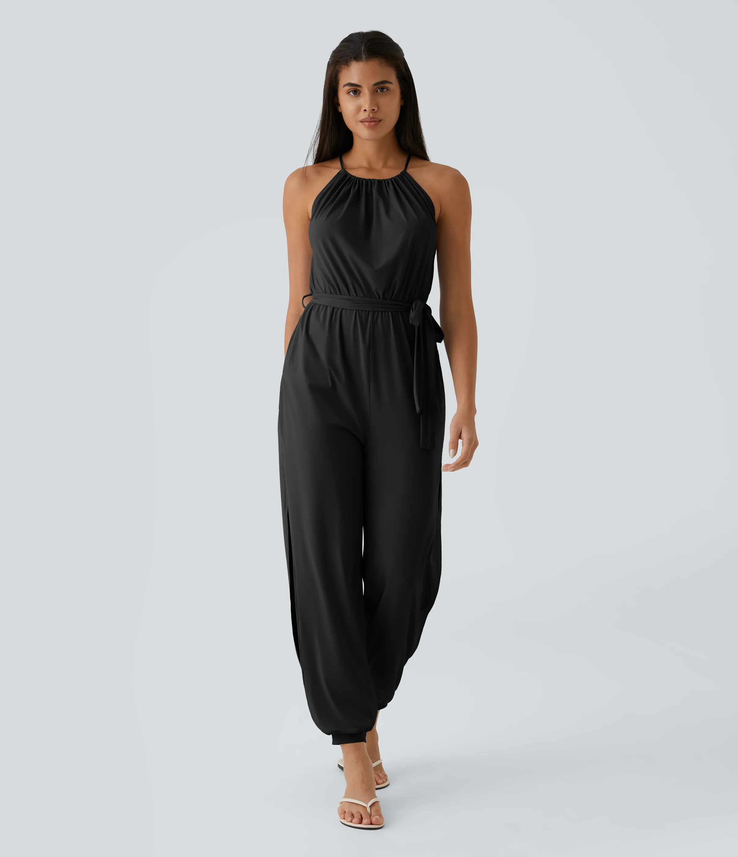 Halara Mono sin manga lazo espalda plisado cinturón bolsillo lateral cut-out tacto fresco Resort - Black - XL(petite) sold by Halara product image thumbnail 4