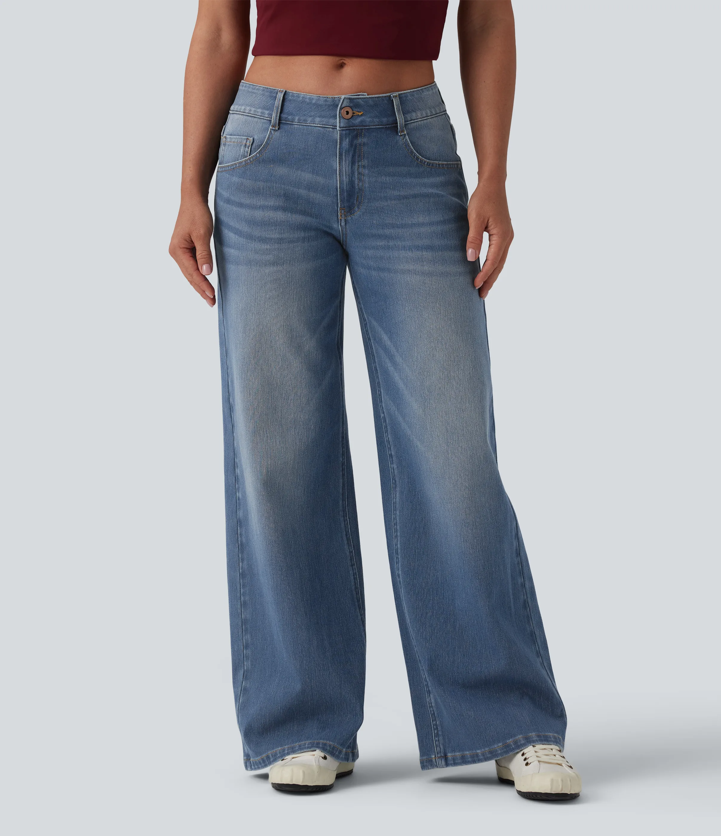 Halara Jeans Baggy Halara Flex™ Denim tiro bajo botón cremallera múltiple bolsillo elástico lavado holgado pierna ancha - Blue Surf Denim - M(regular) sold by Halara product image thumbnail 2