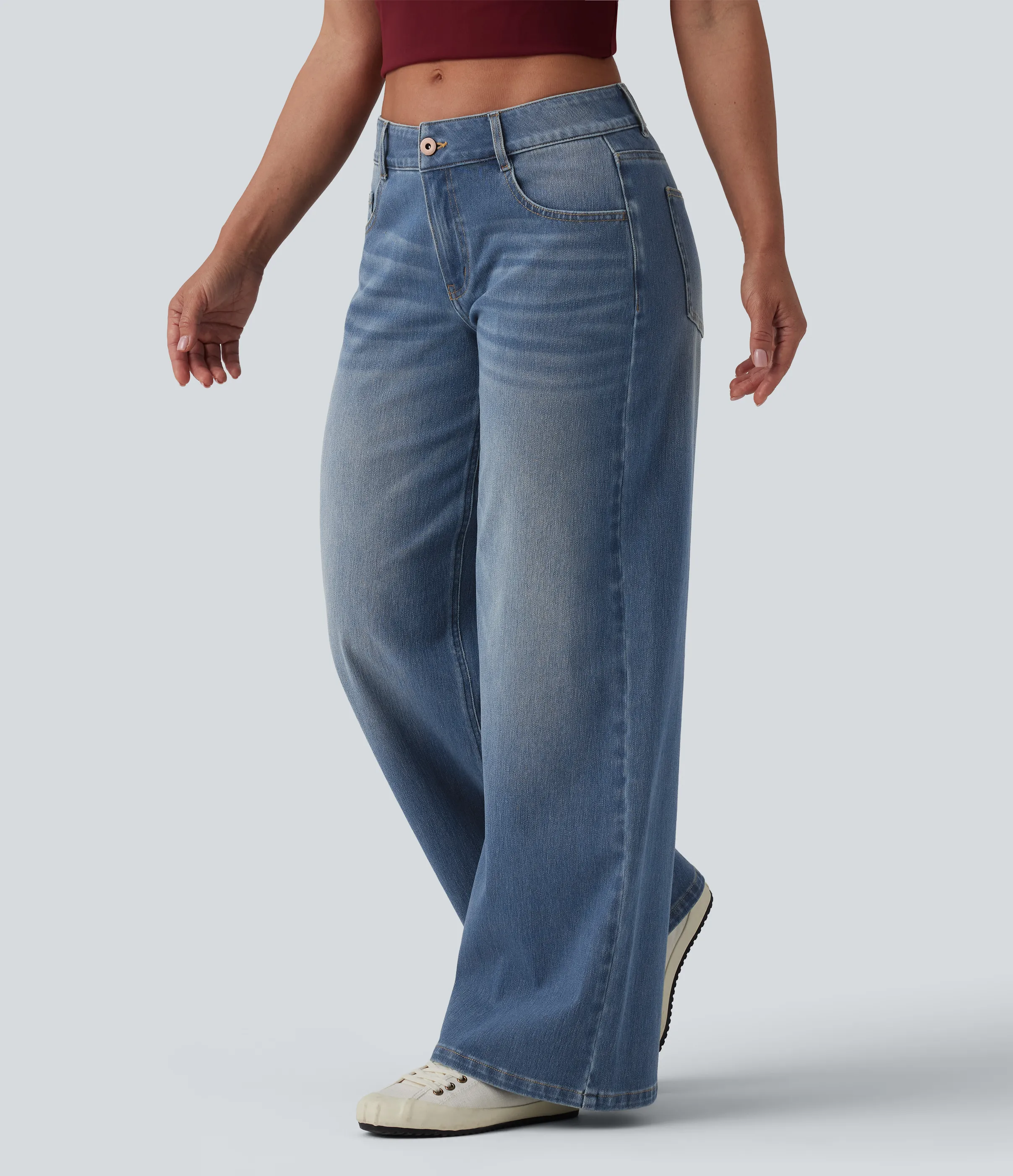 Halara Jeans Baggy Halara Flex™ Denim tiro bajo botón cremallera múltiple bolsillo elástico lavado holgado pierna ancha - Blue Surf Denim - M(regular) sold by Halara product image thumbnail 4