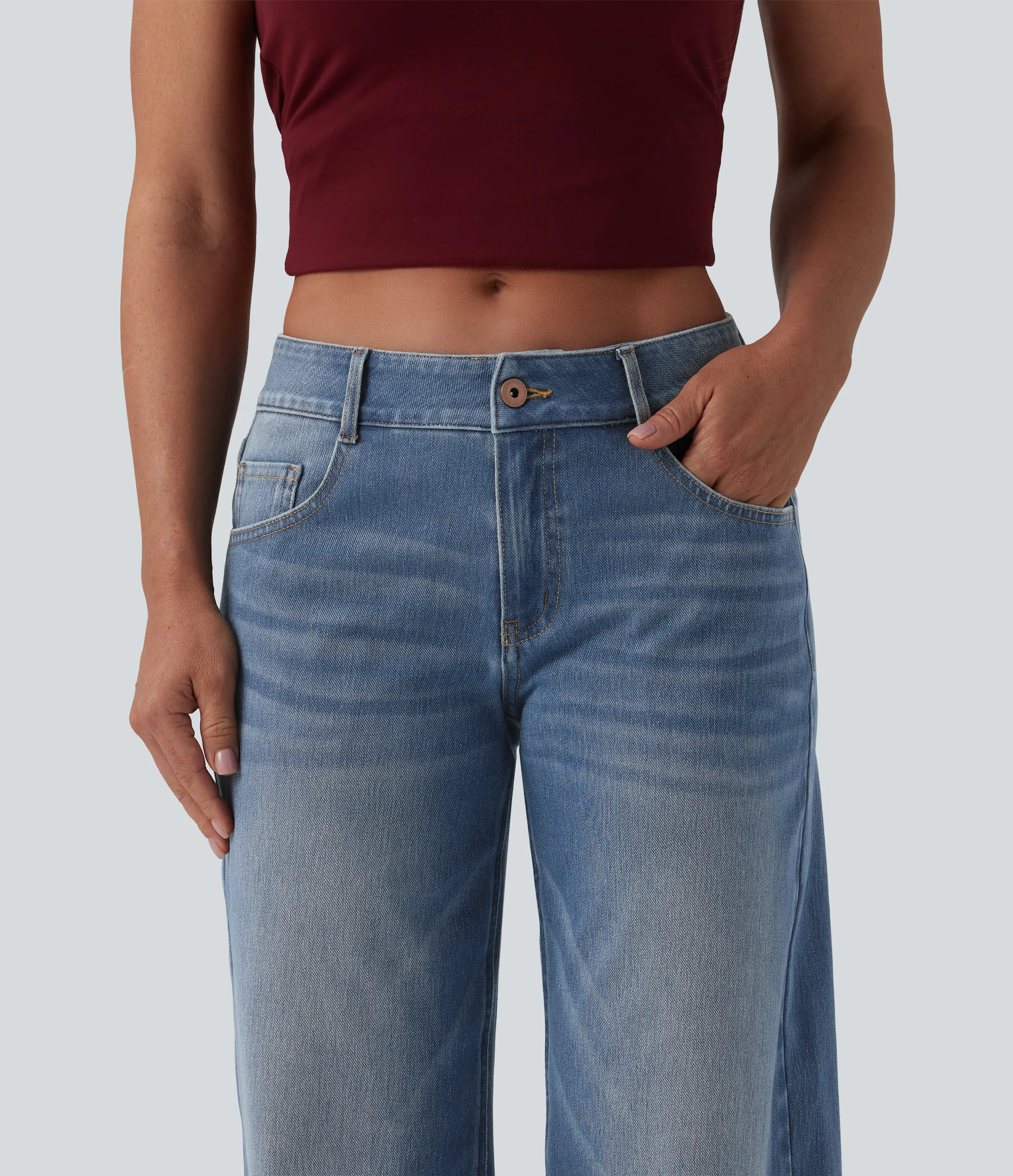 Halara Jeans Baggy Halara Flex™ Denim tiro bajo botón cremallera múltiple bolsillo elástico lavado holgado pierna ancha - Blue Surf Denim - M(regular) sold by Halara product image thumbnail 5