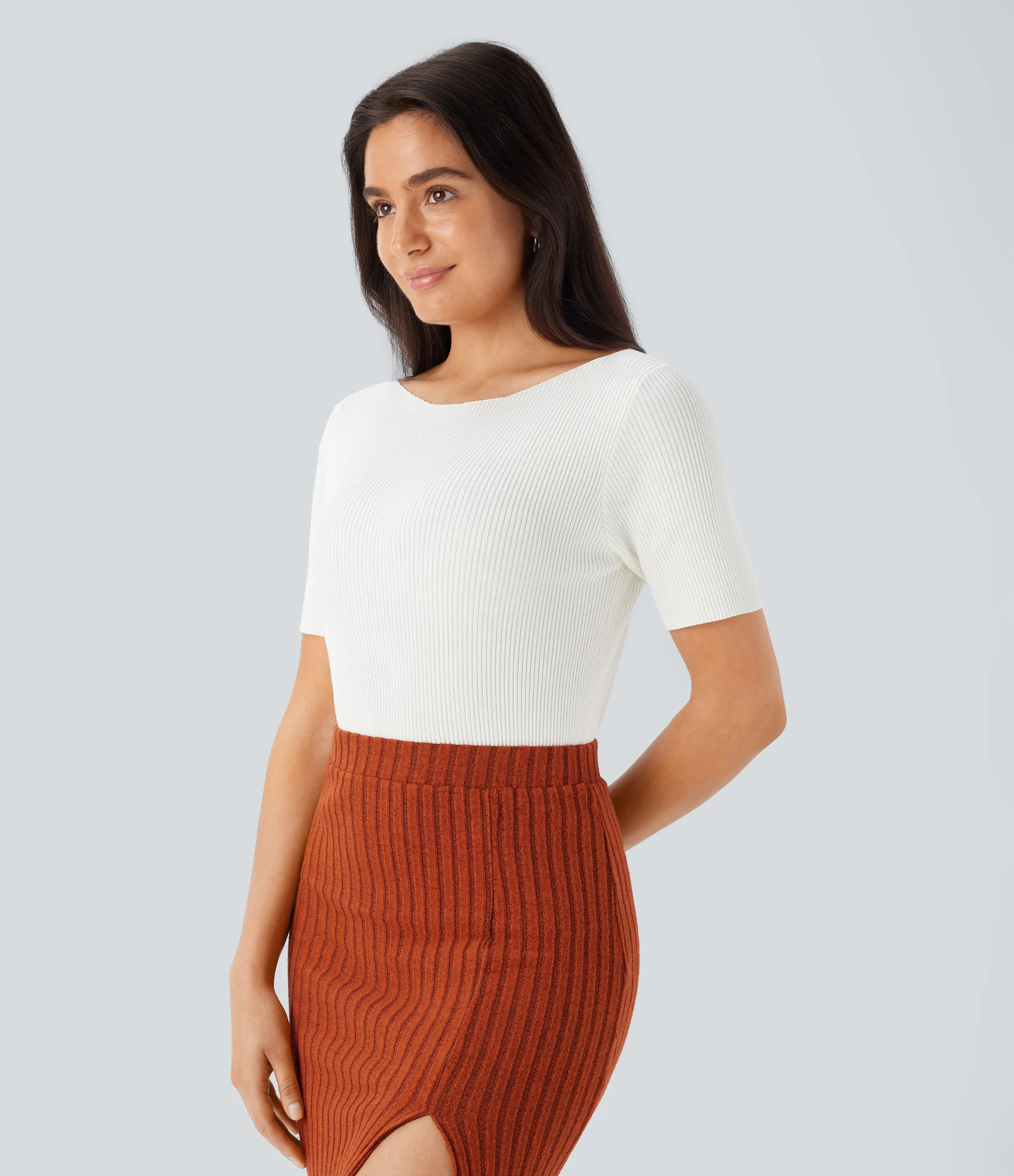 Halara Suéter oficina ajustado manga corta cuello barco - White - L sold by Halara product image thumbnail 4