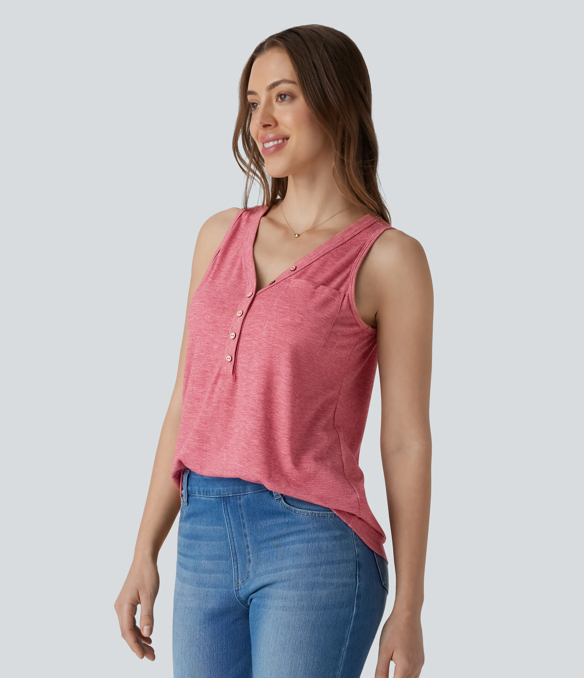 Halara Blusa sin mangas cuello V botón decorativo - Brick Red Mix - M sold by Halara product image thumbnail 4
