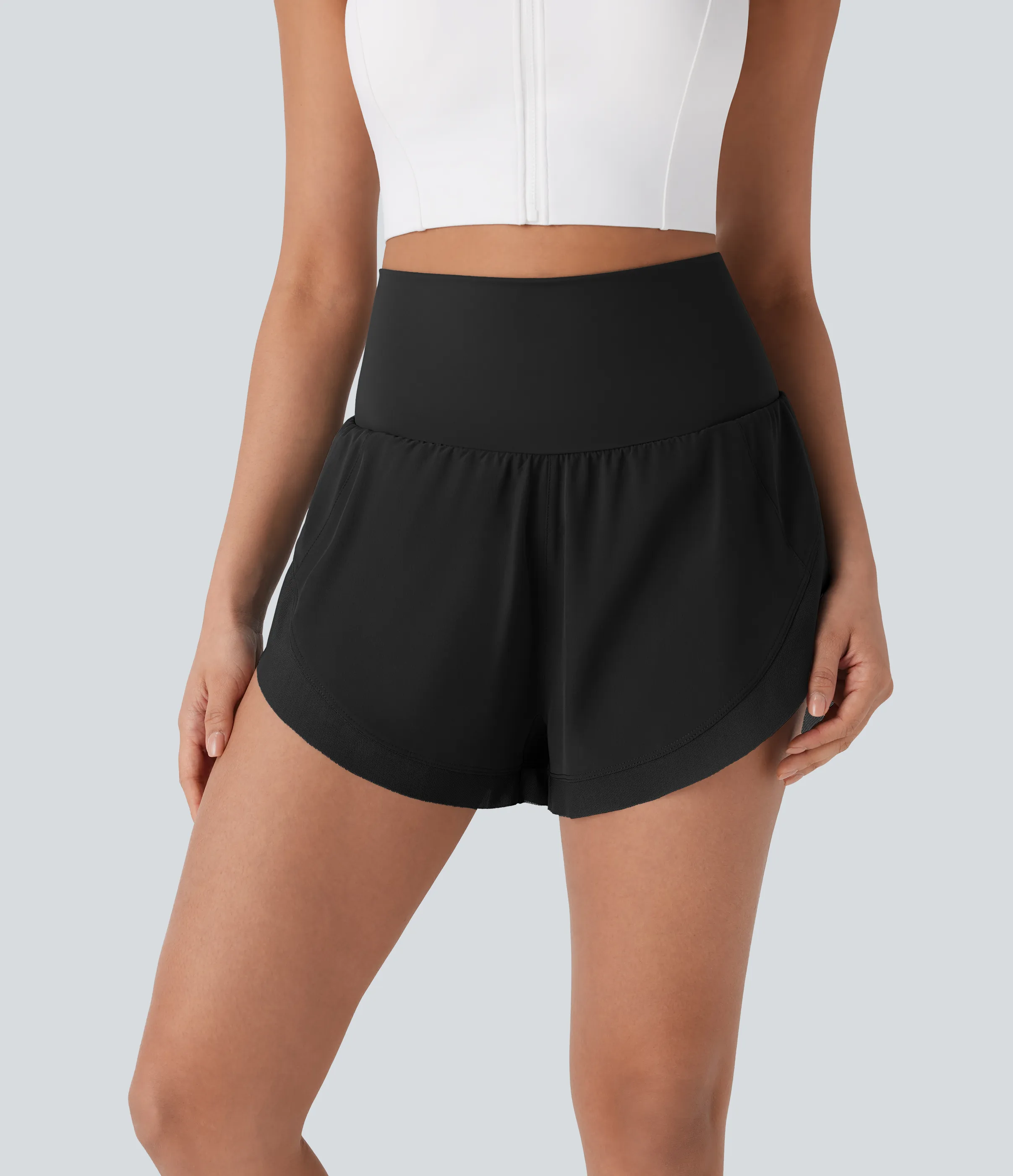 Halara Pantalón corto correr 2 en 1 tiro alto bolsillo trasero malla contrastante dobladillo curvo 7.5cm - Black - XL sold by Halara product image thumbnail 4