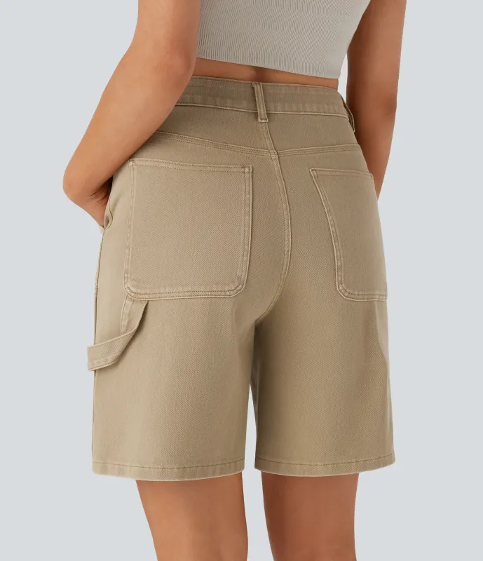 Halara Bermudas Halara Flex™ Denim mezclilla elástica lavada múltiple bolsillo tiro medio - Earth Brown Denim - XS(regular) sold by Halara