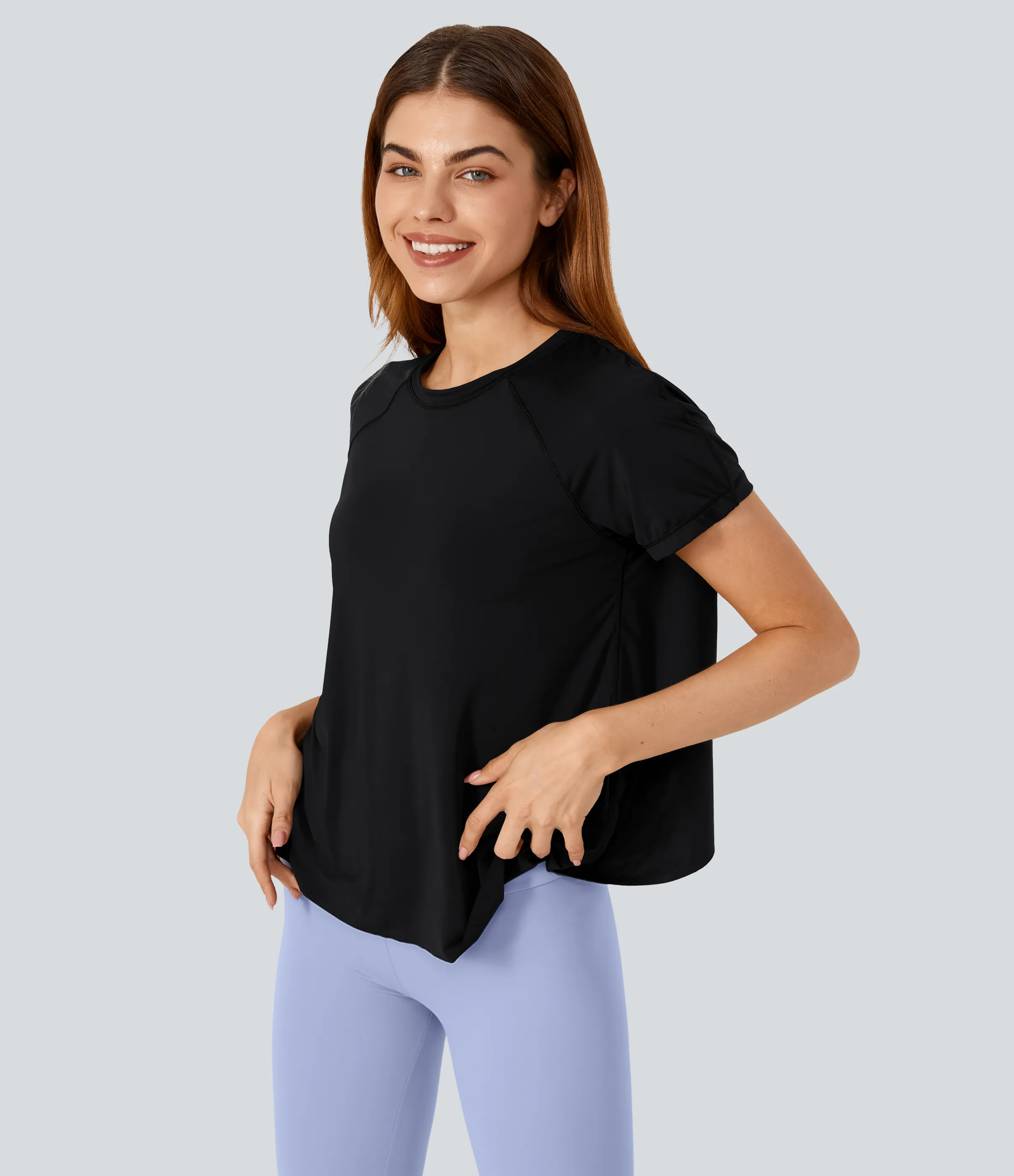 Halara Top deportivo yoga tacto fresco manga corta dobladillo dividido malla contrastante - Black - S sold by Halara product image thumbnail 4