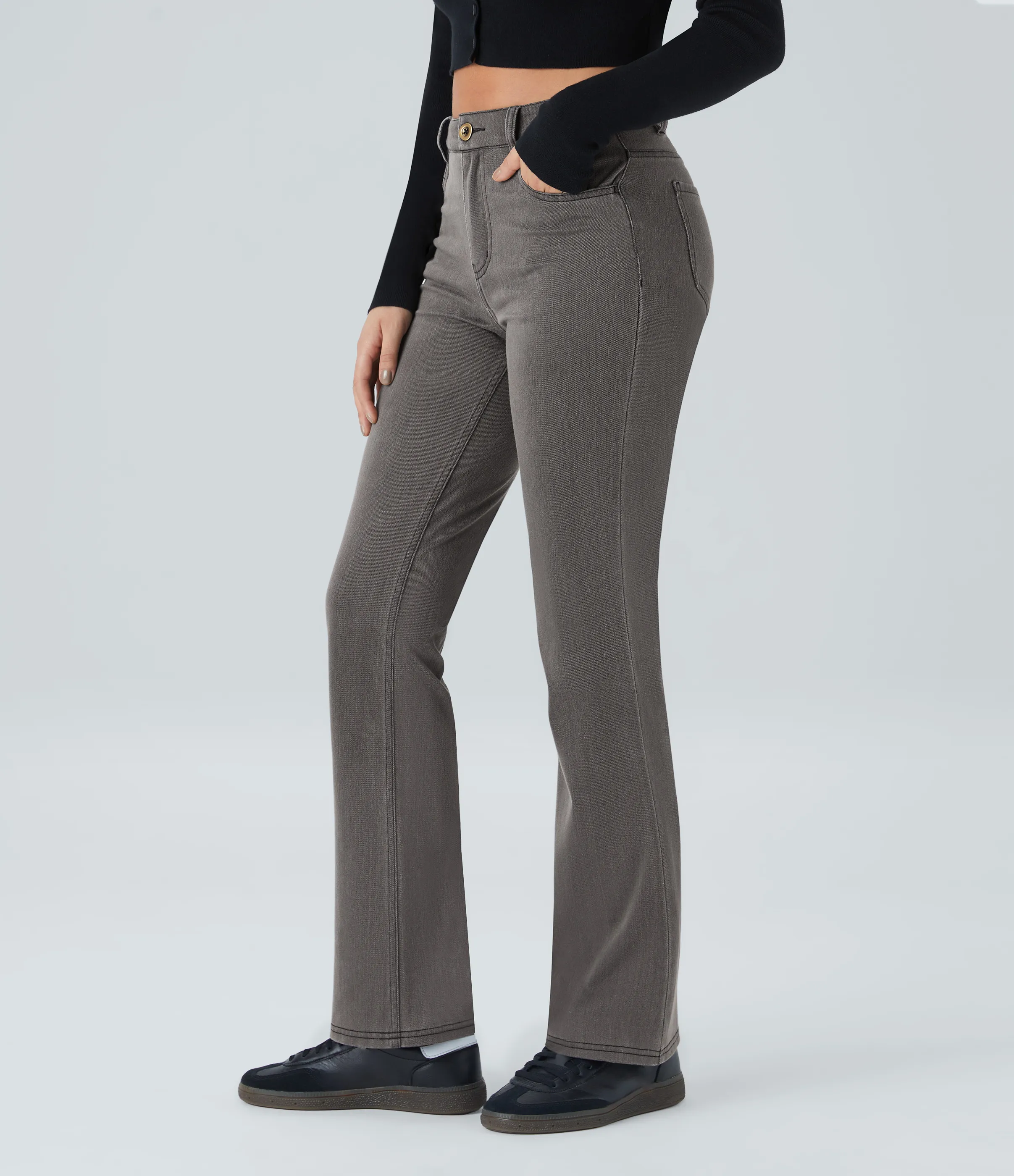 Halara Jeans Halara Flex™ Denim en corte de bota elásticos de tiro medio con botón y bolsillos - Hemp Black Denim - L(regular) sold by Halara product image thumbnail 4