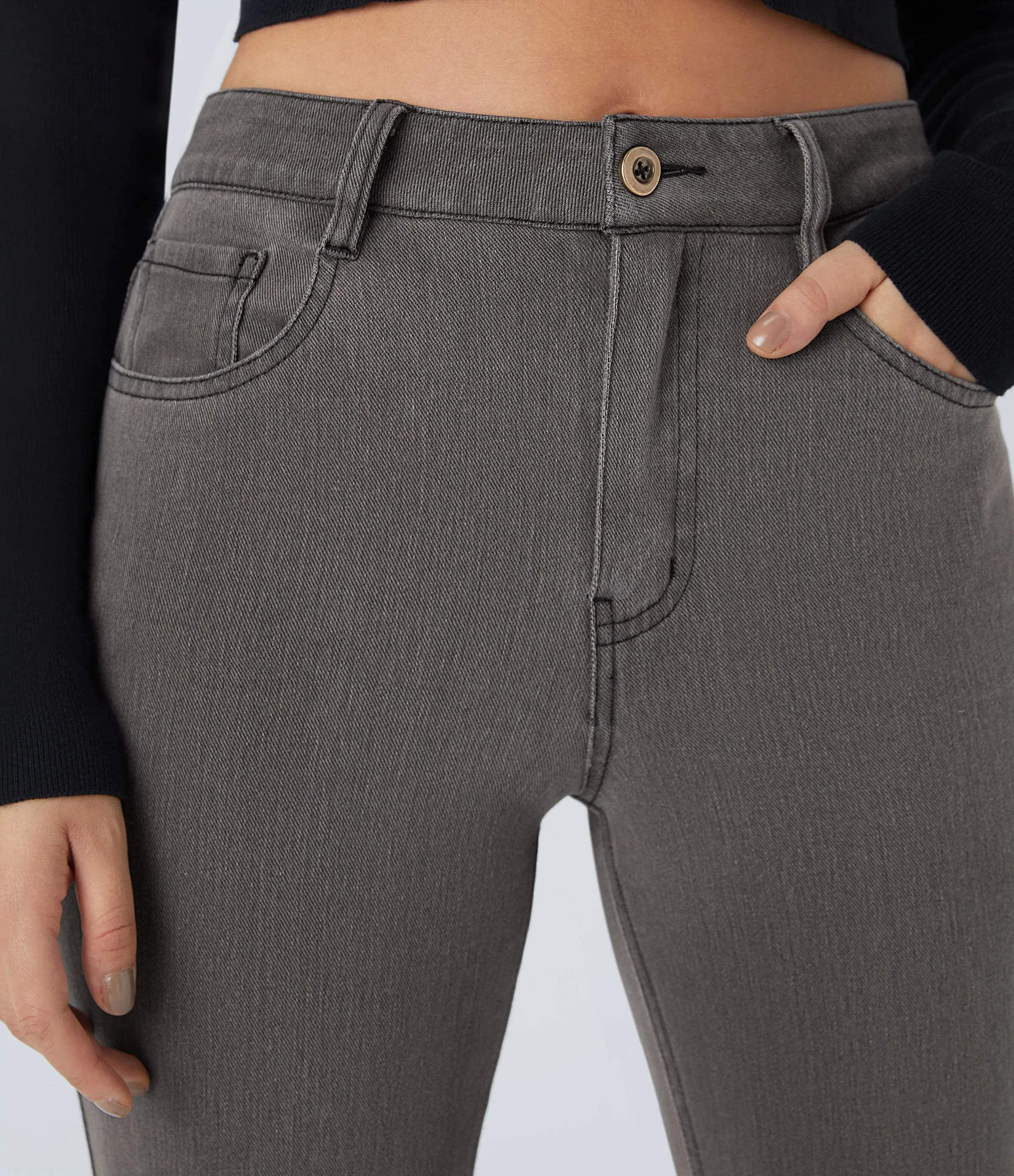 Halara Jeans Halara Flex™ Denim en corte de bota elásticos de tiro medio con botón y bolsillos - Hemp Black Denim - L(regular) sold by Halara product image thumbnail 5