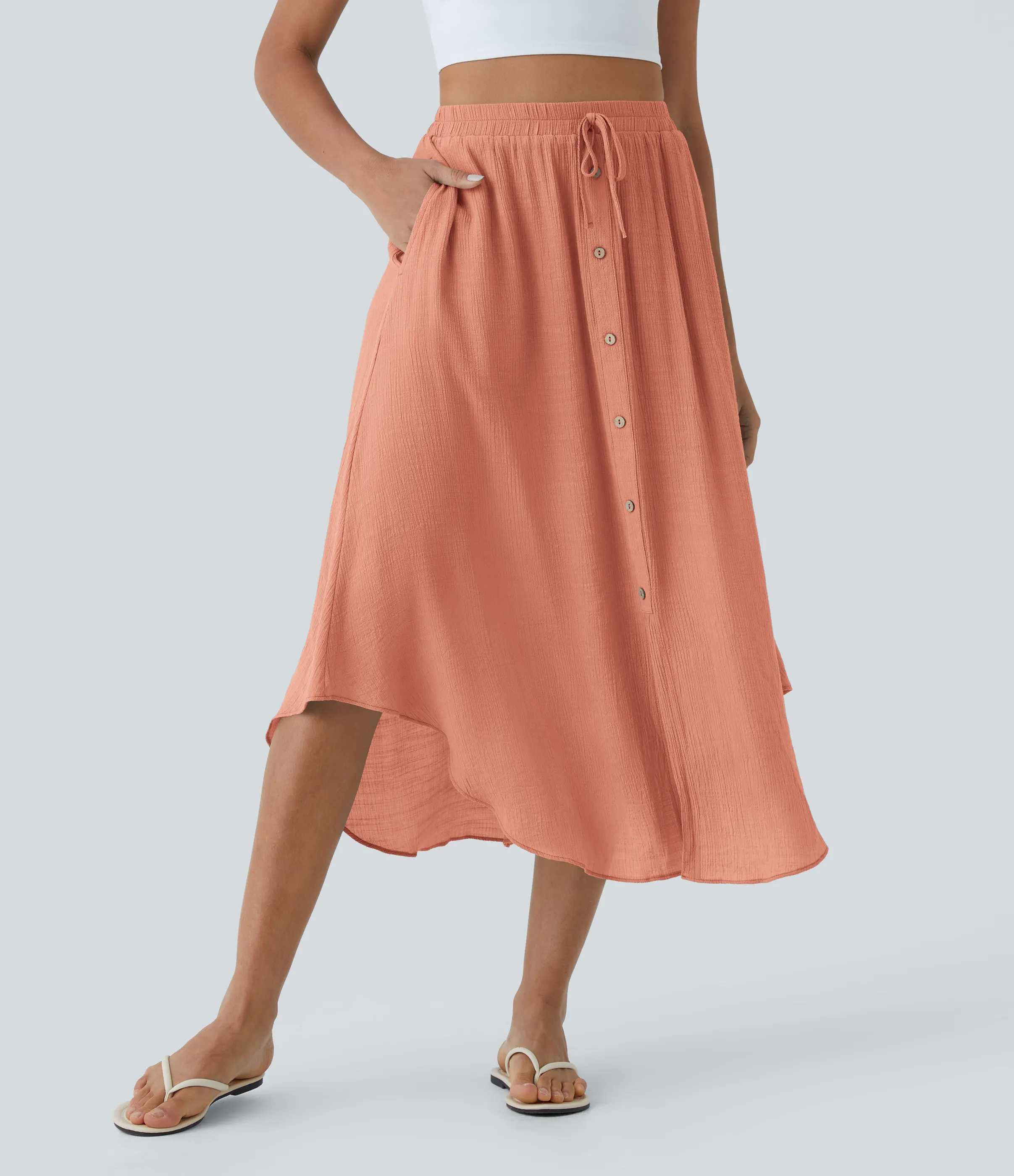 Halara Falda casual midi fluida con bolsillo lateral con botones y cordón de talle alto - Rising Sun Orange - XL(regular) sold by Halara product image thumbnail 4