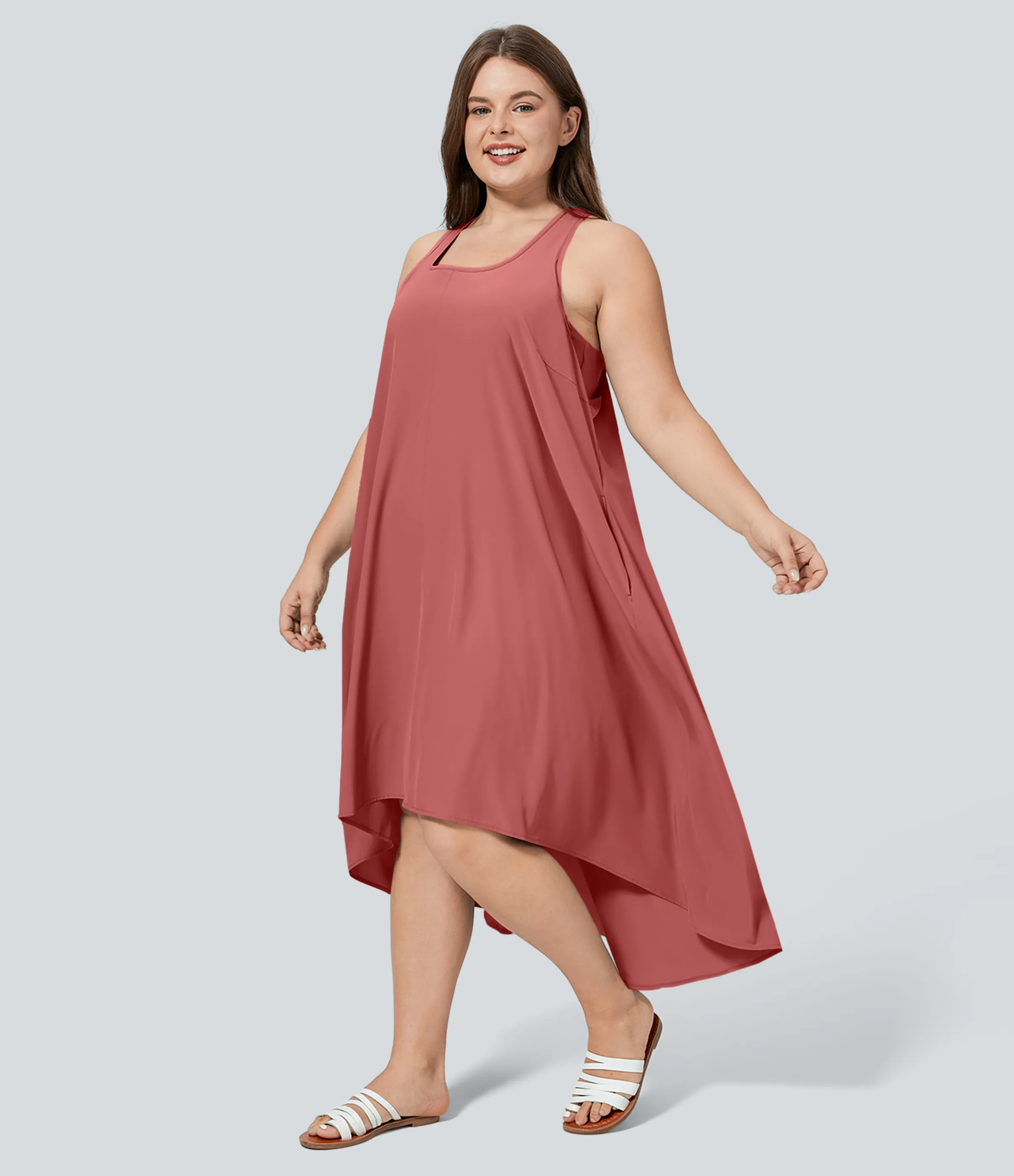 Halara Vestido Breezeful™ sin espalda cruzada bolsillo lateral alto bajo fluido media pierna secado rápido talla grande - Kapok Red - 3X sold by Halara product image thumbnail 4