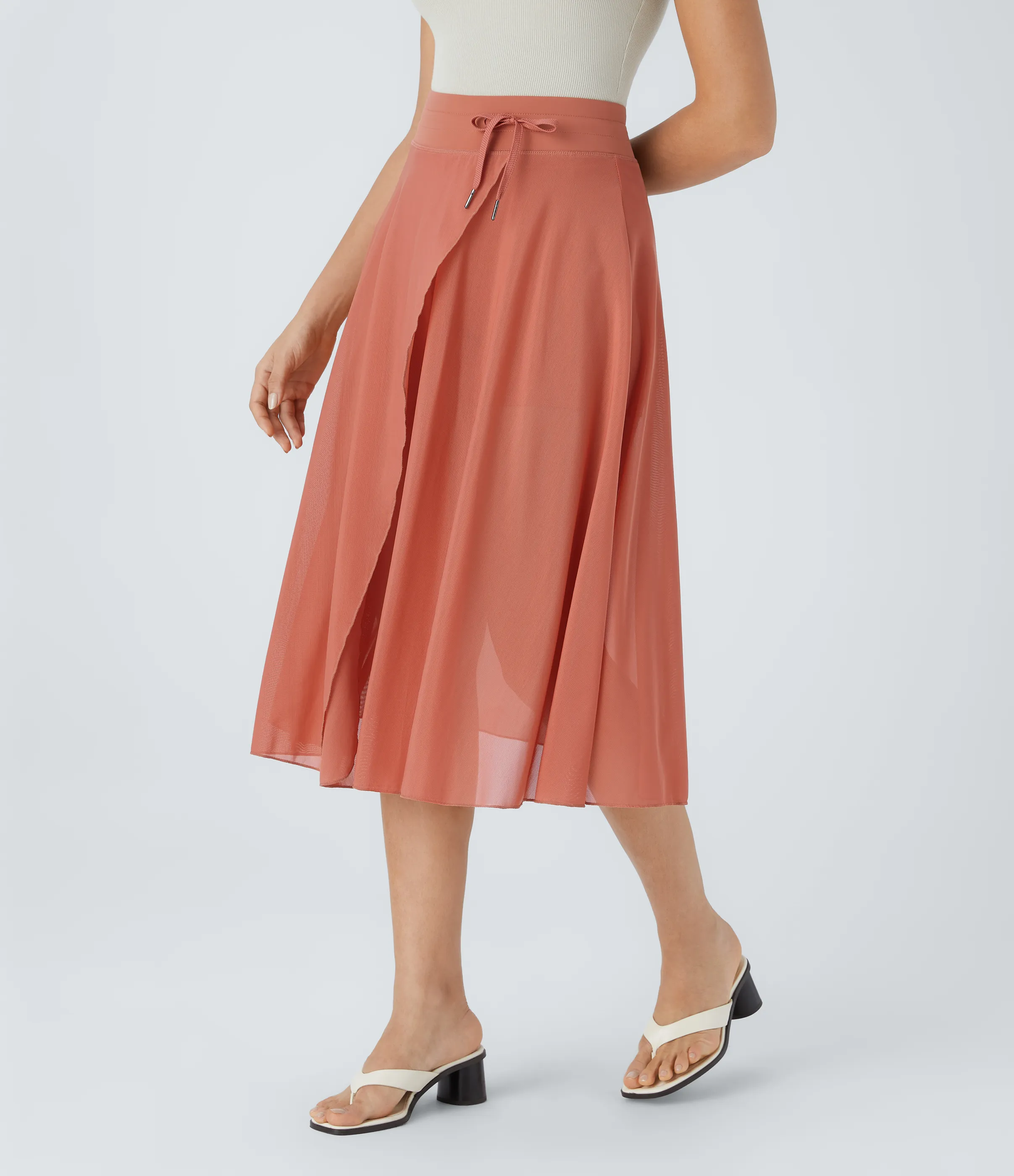 Halara Falda midi casual 2 en 1 acampanada con bolsillo lateral de tiro alto con cordón y malla en contraste - Apricot Brandy - XL sold by Halara product image thumbnail 4