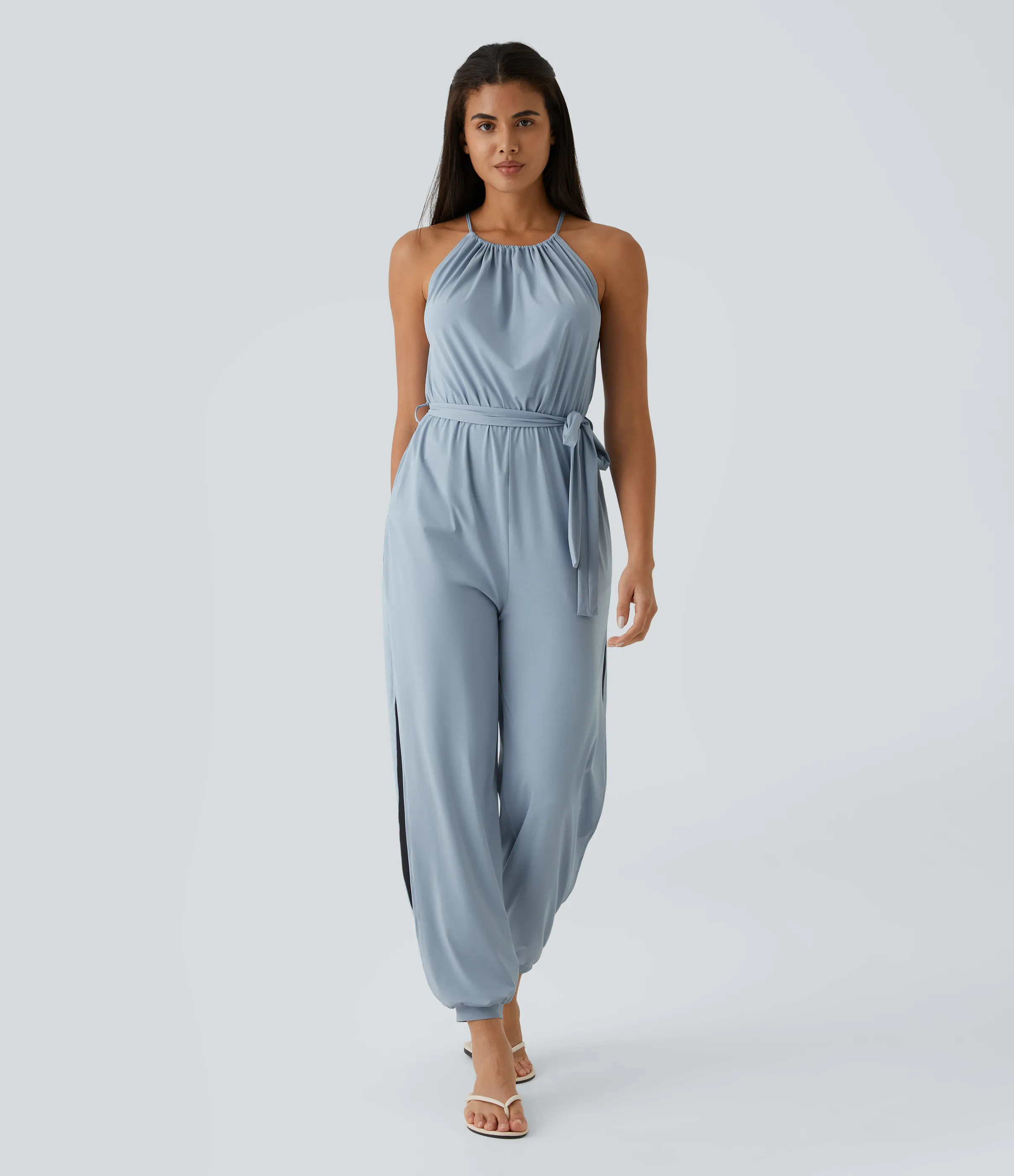 Halara Mono sin manga lazo espalda plisado cinturón bolsillo lateral cut-out tacto fresco Resort - Blue Fog - L(petite) sold by Halara product image thumbnail 4