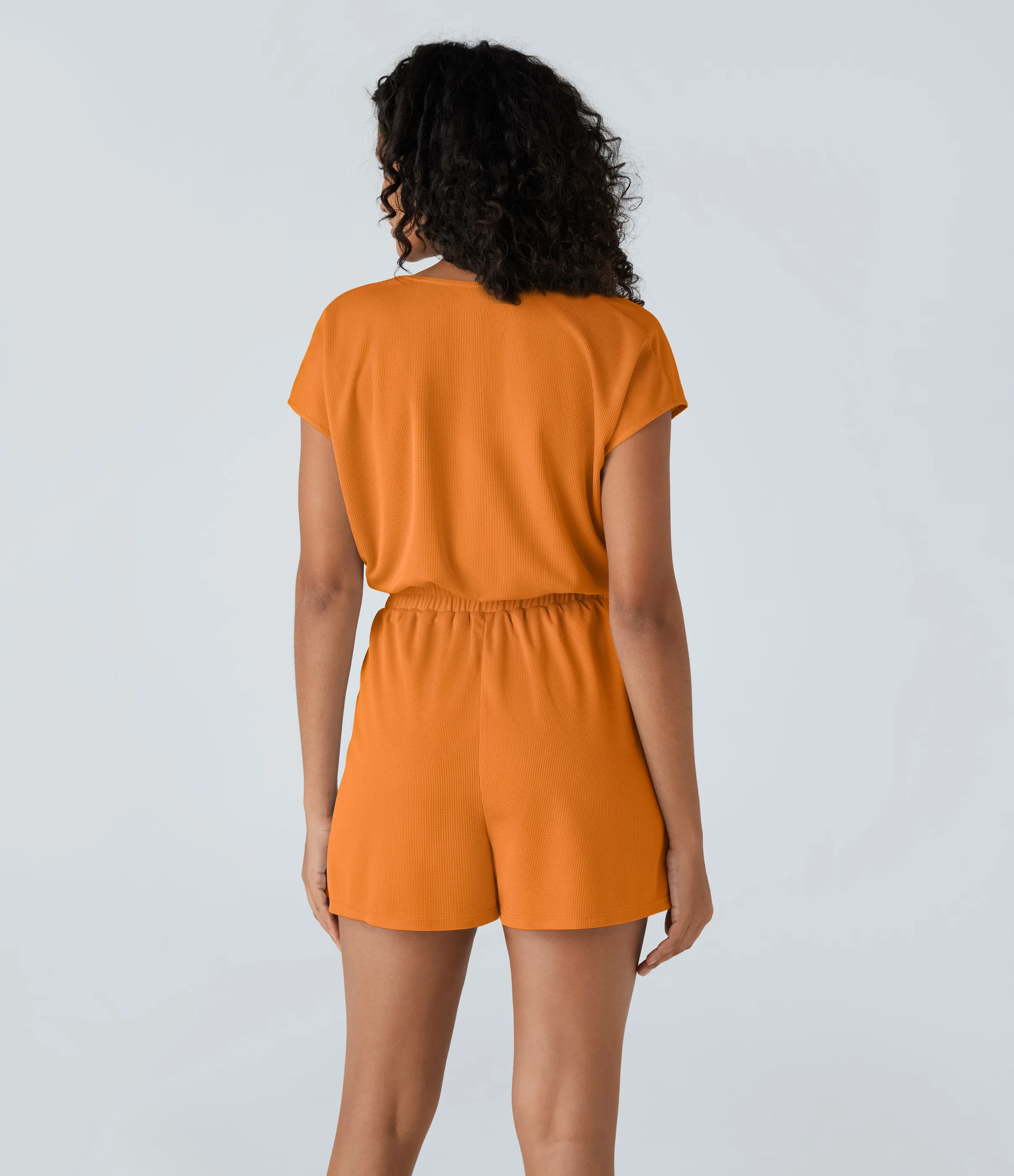 Halara Mono de manga corta casual con cuello en V y bolsillos laterales en tela gofre - Sunshine Orange - M sold by Halara product image thumbnail 3
