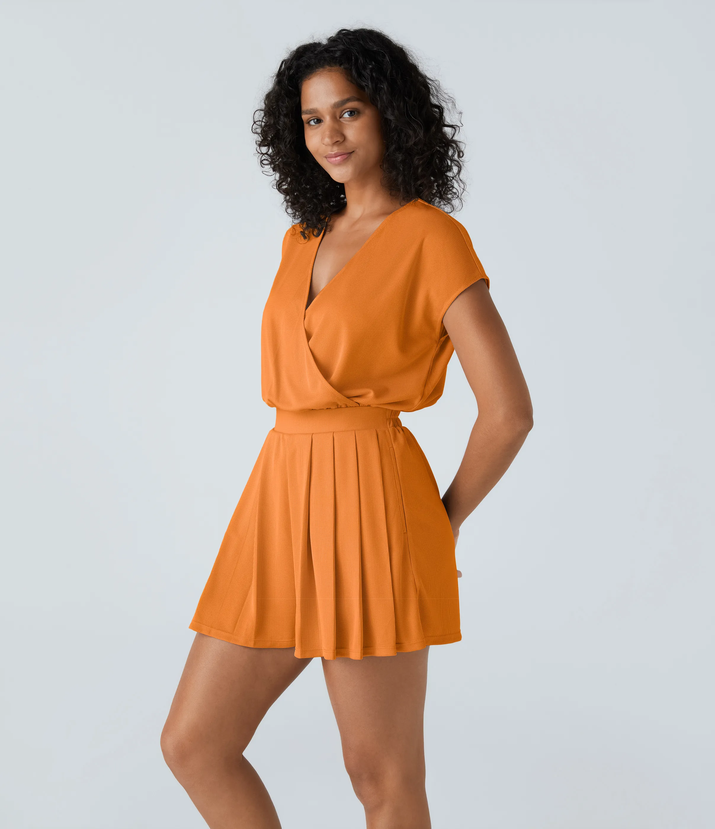 Halara Mono de manga corta casual con cuello en V y bolsillos laterales en tela gofre - Sunshine Orange - M sold by Halara product image thumbnail 4