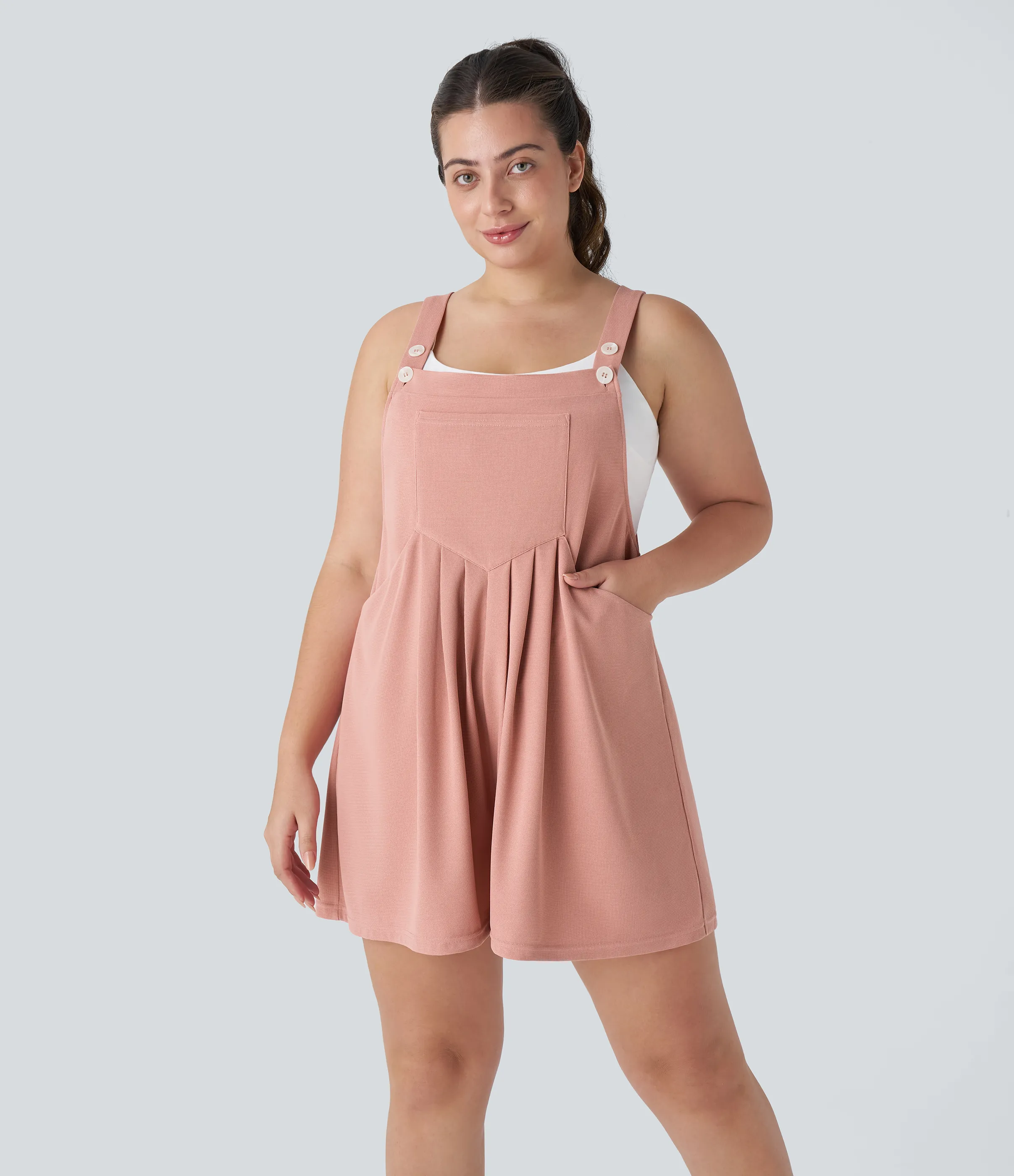 Halara Overol Gofre talla grande correa ajustable botón múltiple bolsillo plisado - Rose Tan - 3X sold by Halara product image thumbnail 2