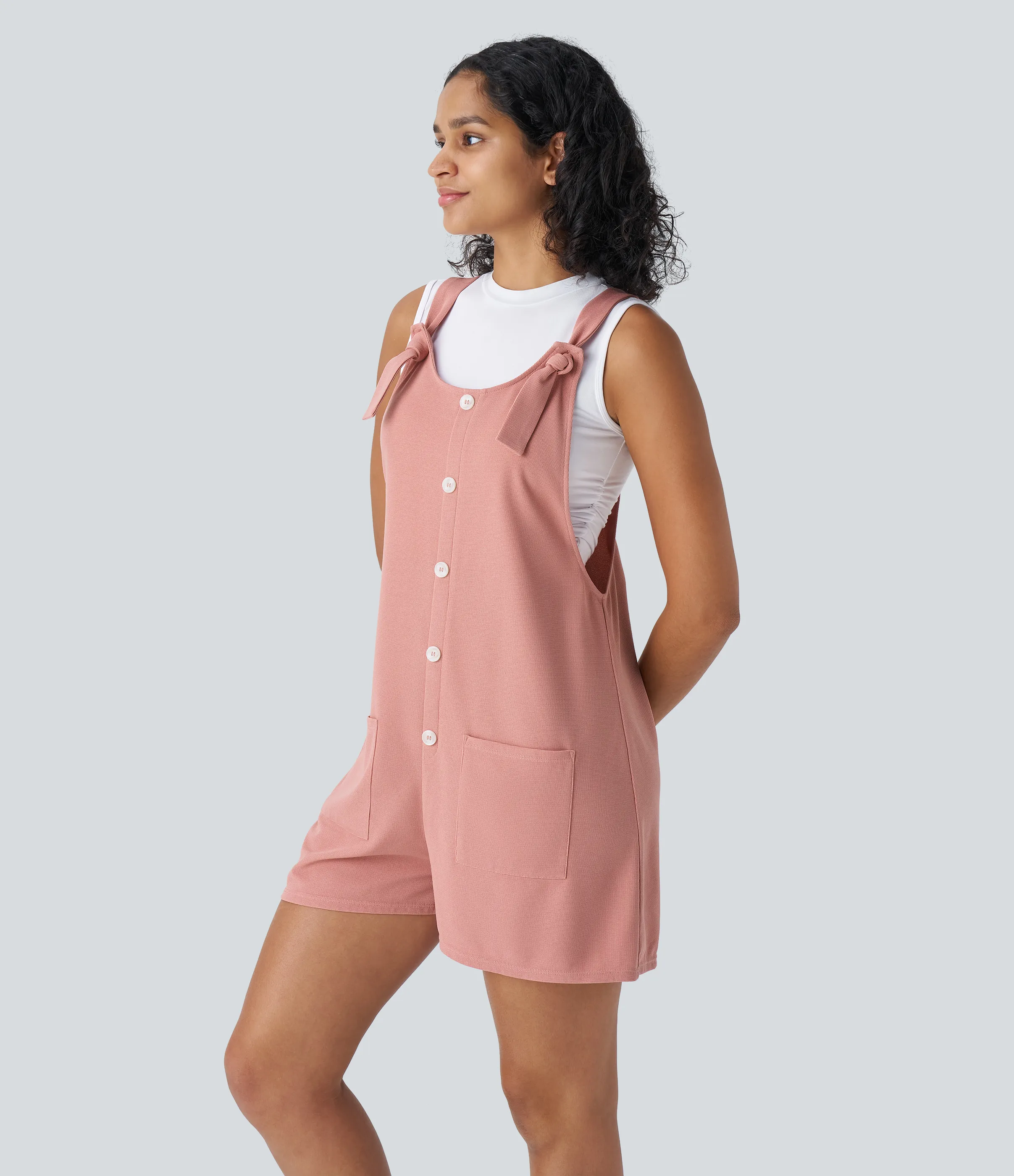 Halara Overol gofre bolsillo delantero botón decorativo correa nudo - Rose Tan - S sold by Halara product image thumbnail 4