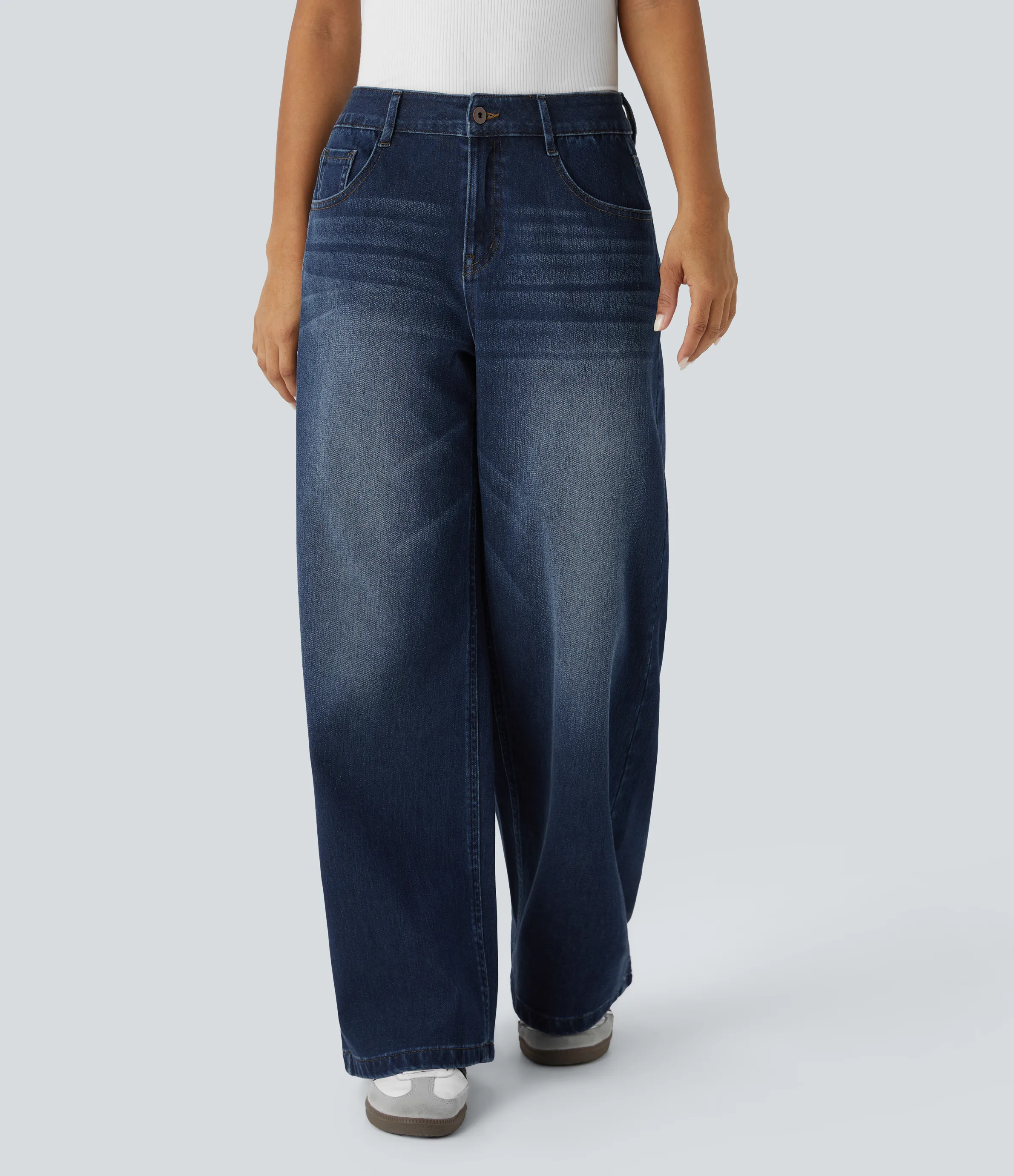 Halara Jeans Baggy Halara Flex™ Denim tiro bajo botón cremallera múltiple bolsillo elástico lavado holgado pierna ancha - Distressed Denim Dark Blue - M(regular) sold by Halara product image thumbnail 2