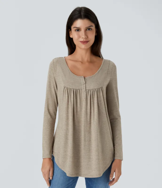 Halara Blusa cuello redondo botón manga larga plisada dobladillo curvo - Khaki Floral Yarn - XS sold by Halara