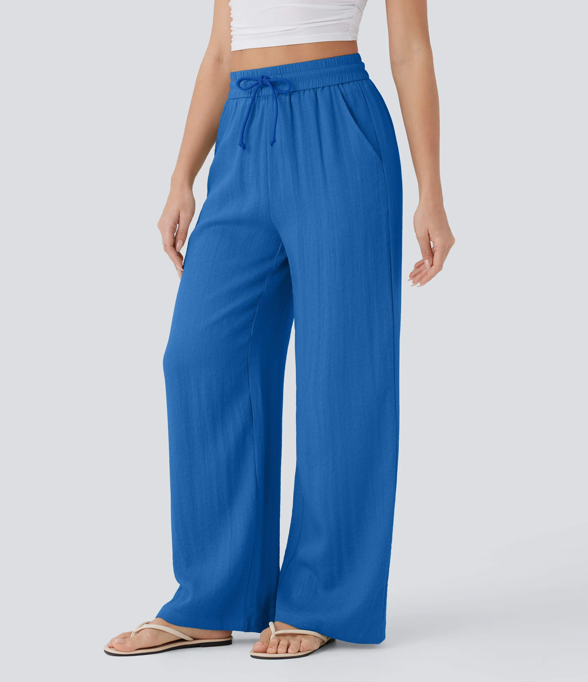 Halara Pantalón lino tiro alto cordón ajustable bolsillo lateral pierna ancha - Strong Blue - XS(regular) sold by Halara product image thumbnail 4