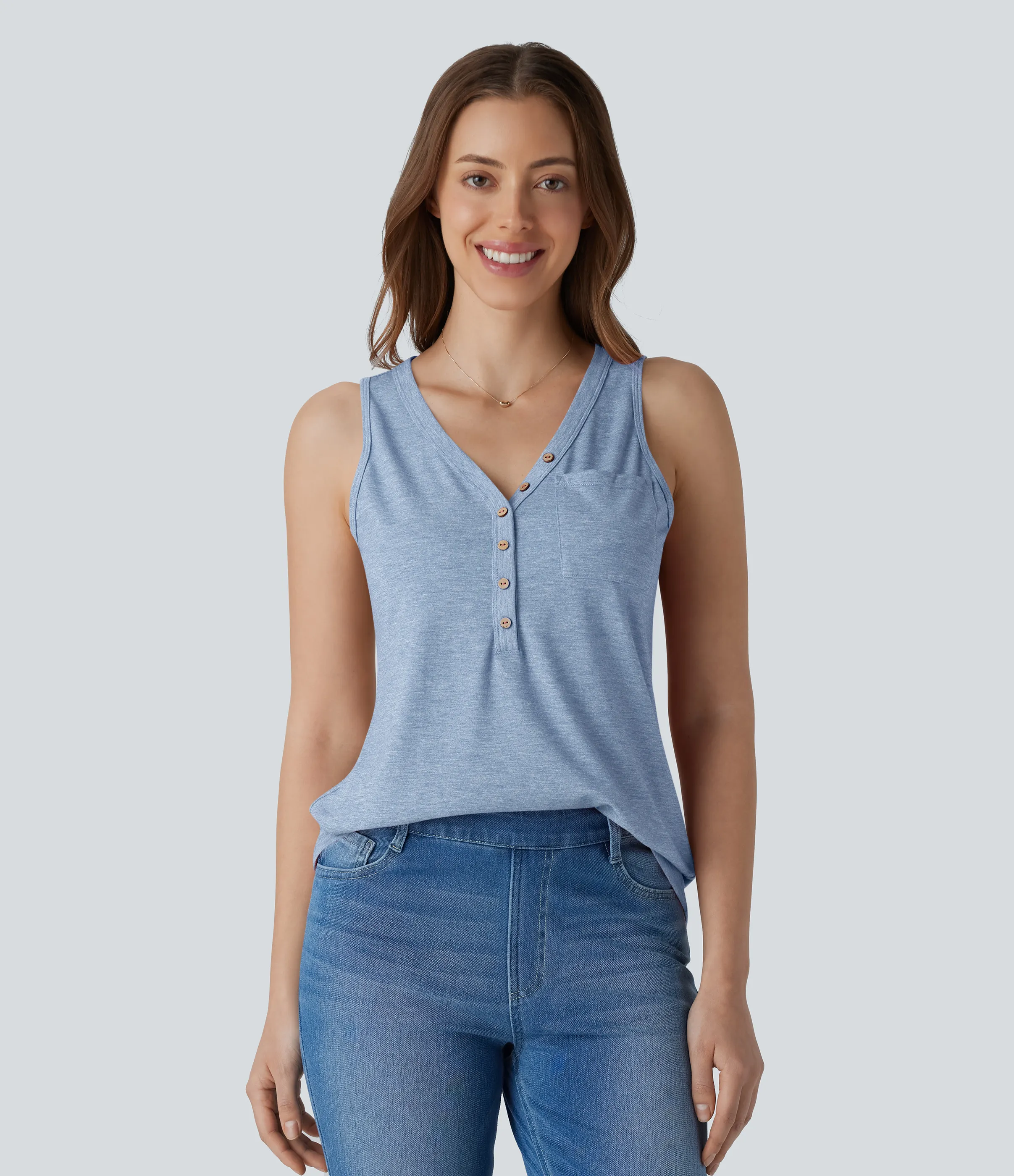 Halara Blusa sin mangas cuello V botón decorativo - Cloudlight Blue - XS sold by Halara product image thumbnail 2