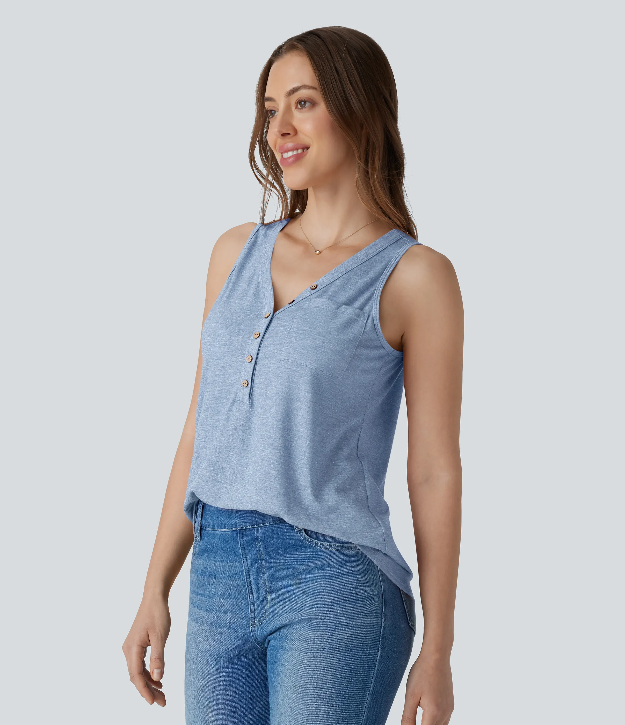 Halara Blusa sin mangas cuello V botón decorativo - Cloudlight Blue - XS sold by Halara product image thumbnail 4