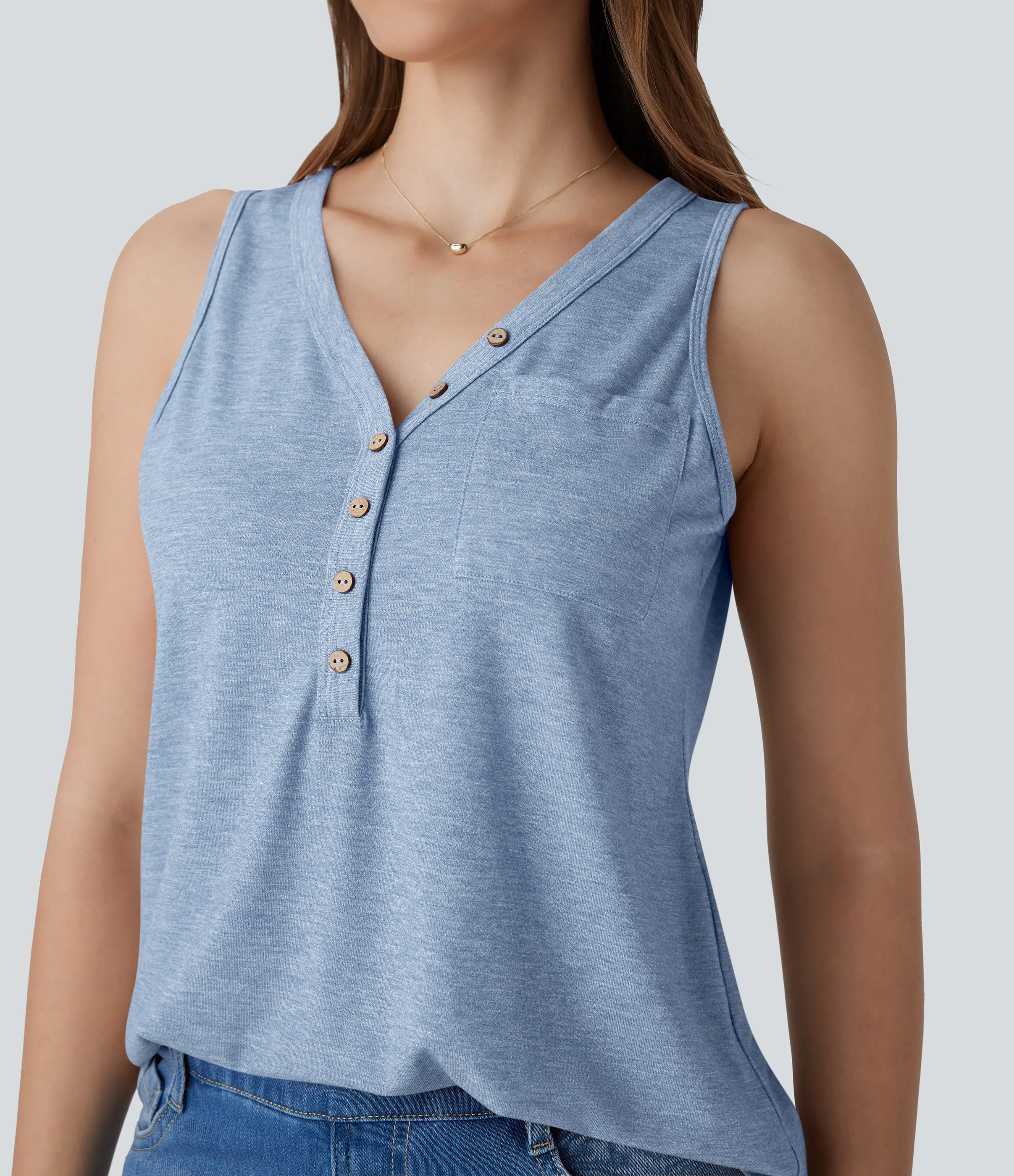 Halara Blusa sin mangas cuello V botón decorativo - Cloudlight Blue - XS sold by Halara product image thumbnail 5