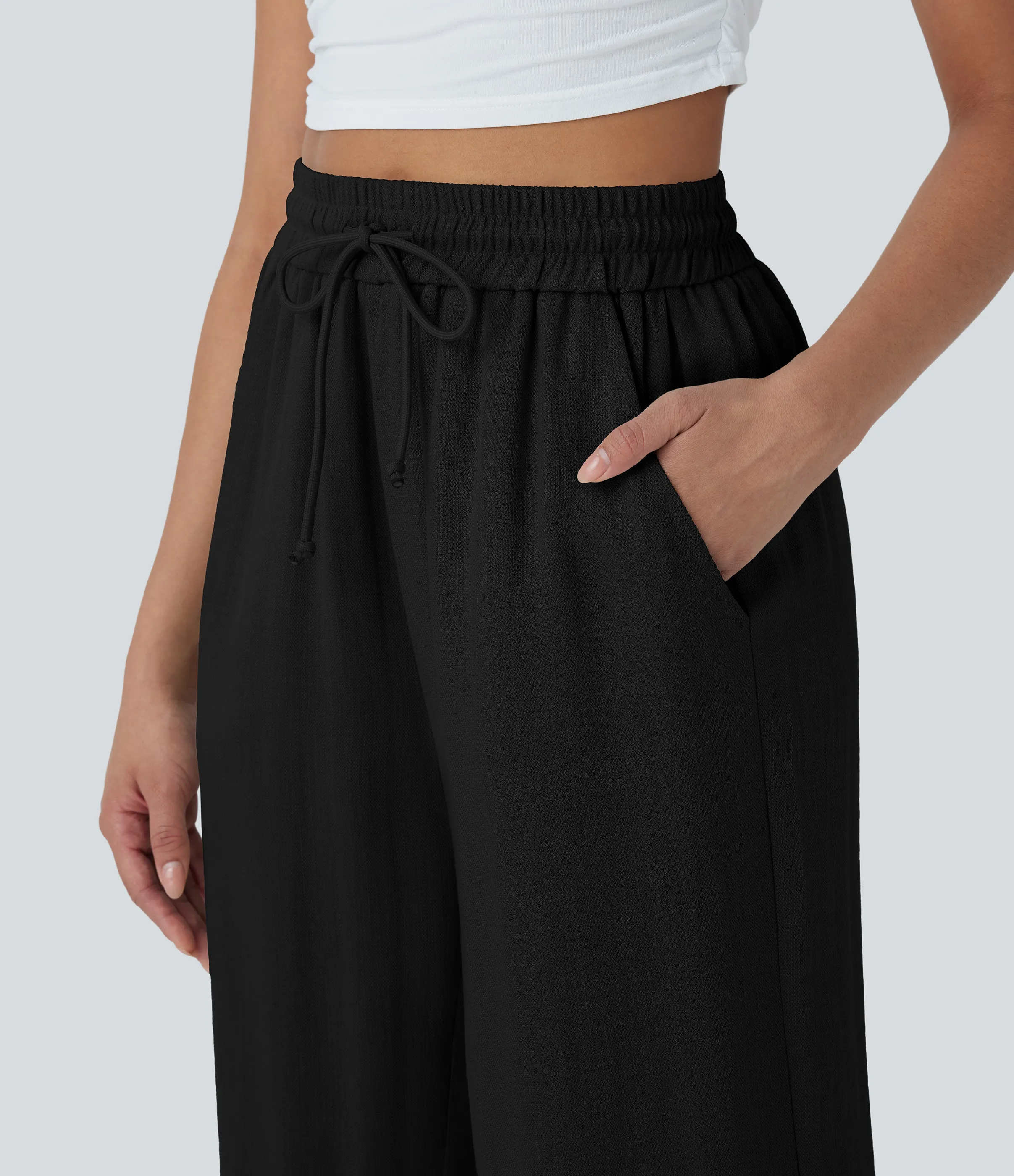 Halara Pantalón lino tiro alto cordón ajustable pierna ancha bolsillo lateral - Black - XL(regular) sold by Halara product image thumbnail 5