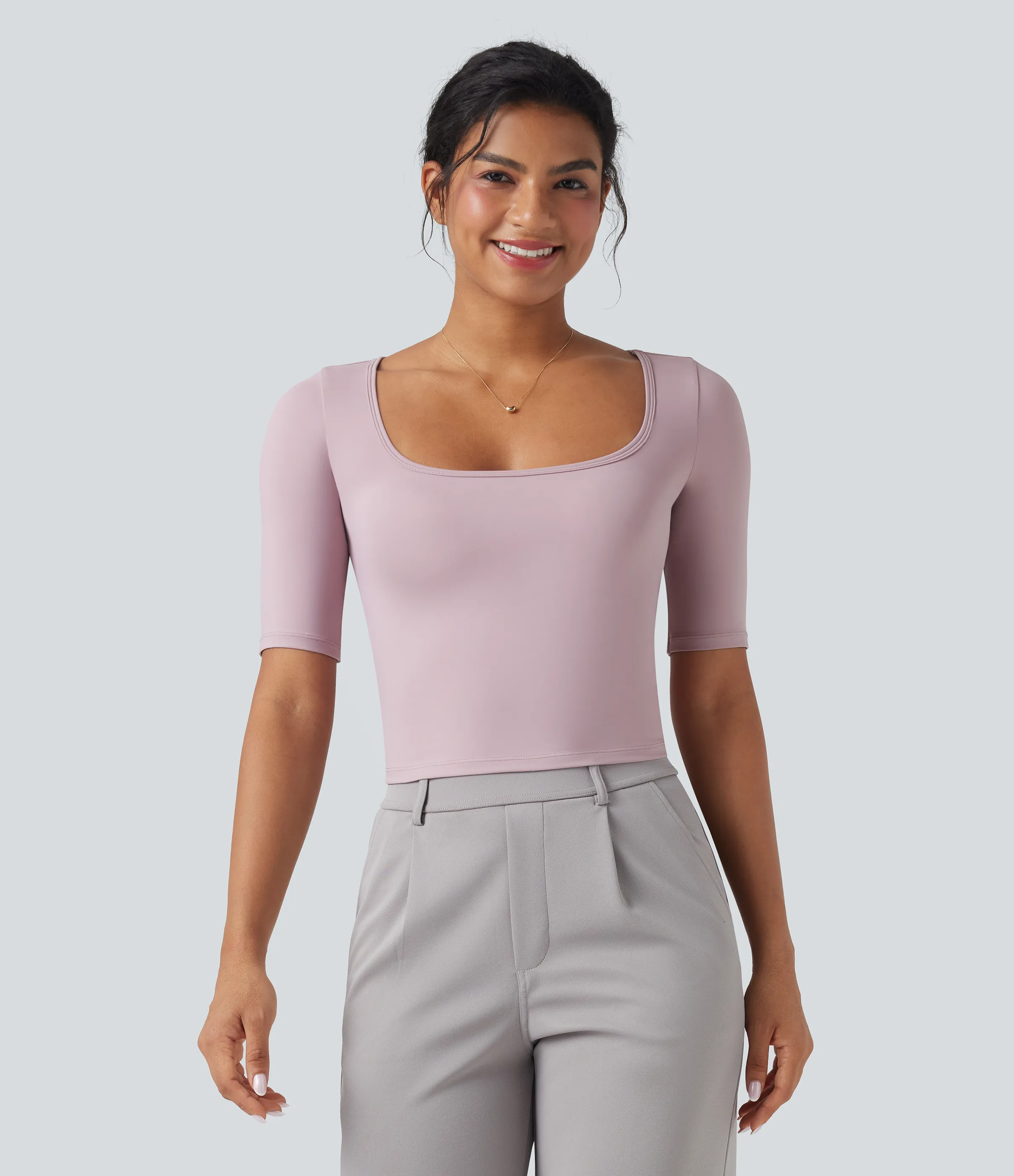 Halara Camiseta de oficina SoftlyZero™ de manga corta con cuello redondo y tacto fresco - Pink Purple - M sold by Halara product image thumbnail 2