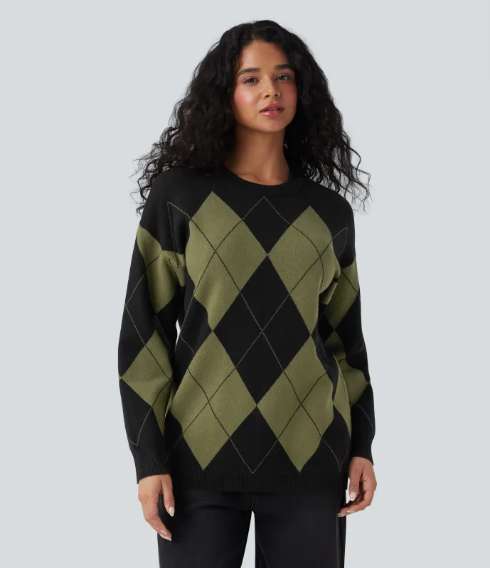 Halara Suéter de oficina con cuello redondo de manga larga y cuadros de rombos - Field Noir - XS made by Halara