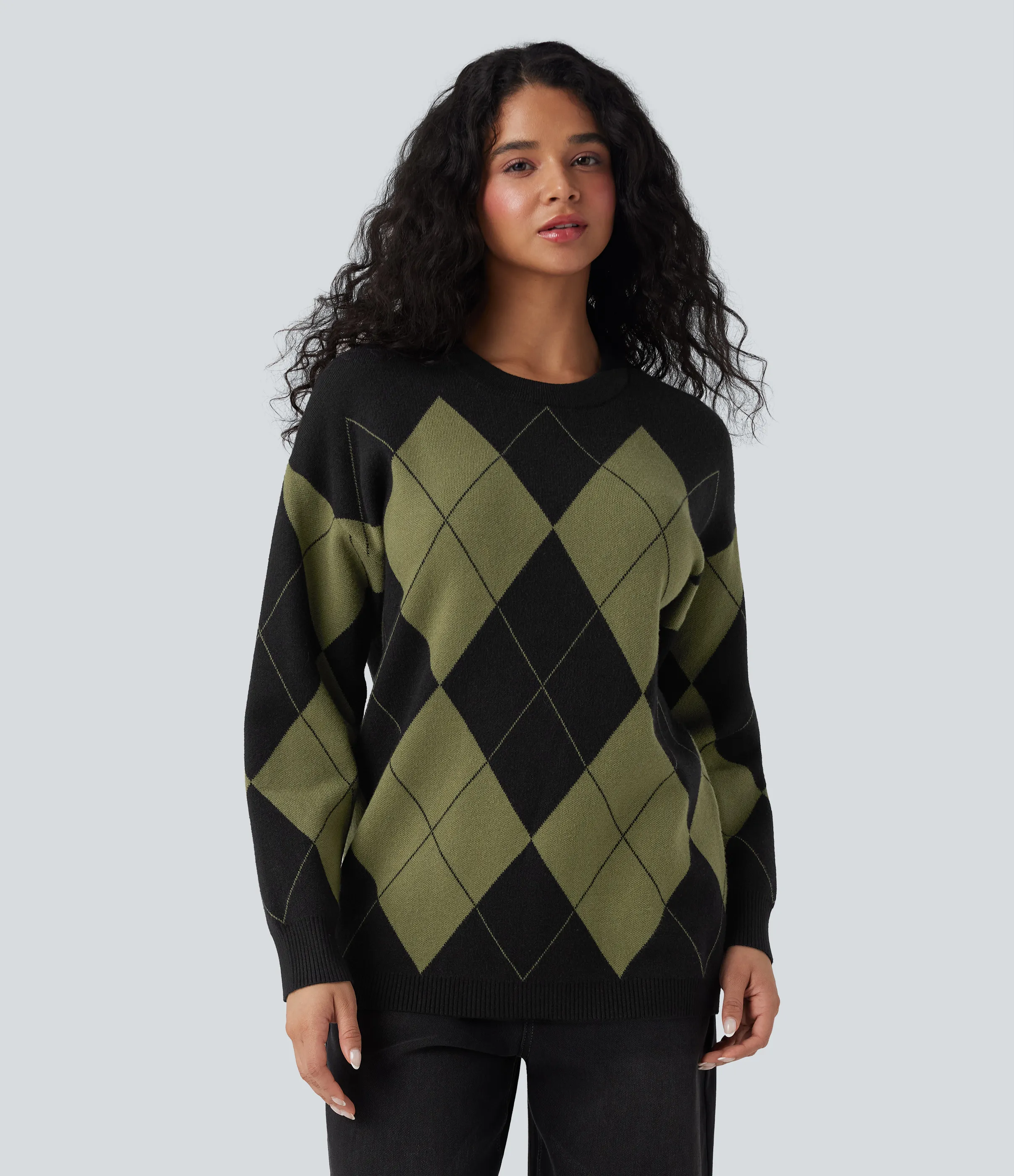 Halara Suéter de oficina con cuello redondo de manga larga y cuadros de rombos - Field Noir - XS sold by Halara product image thumbnail 2