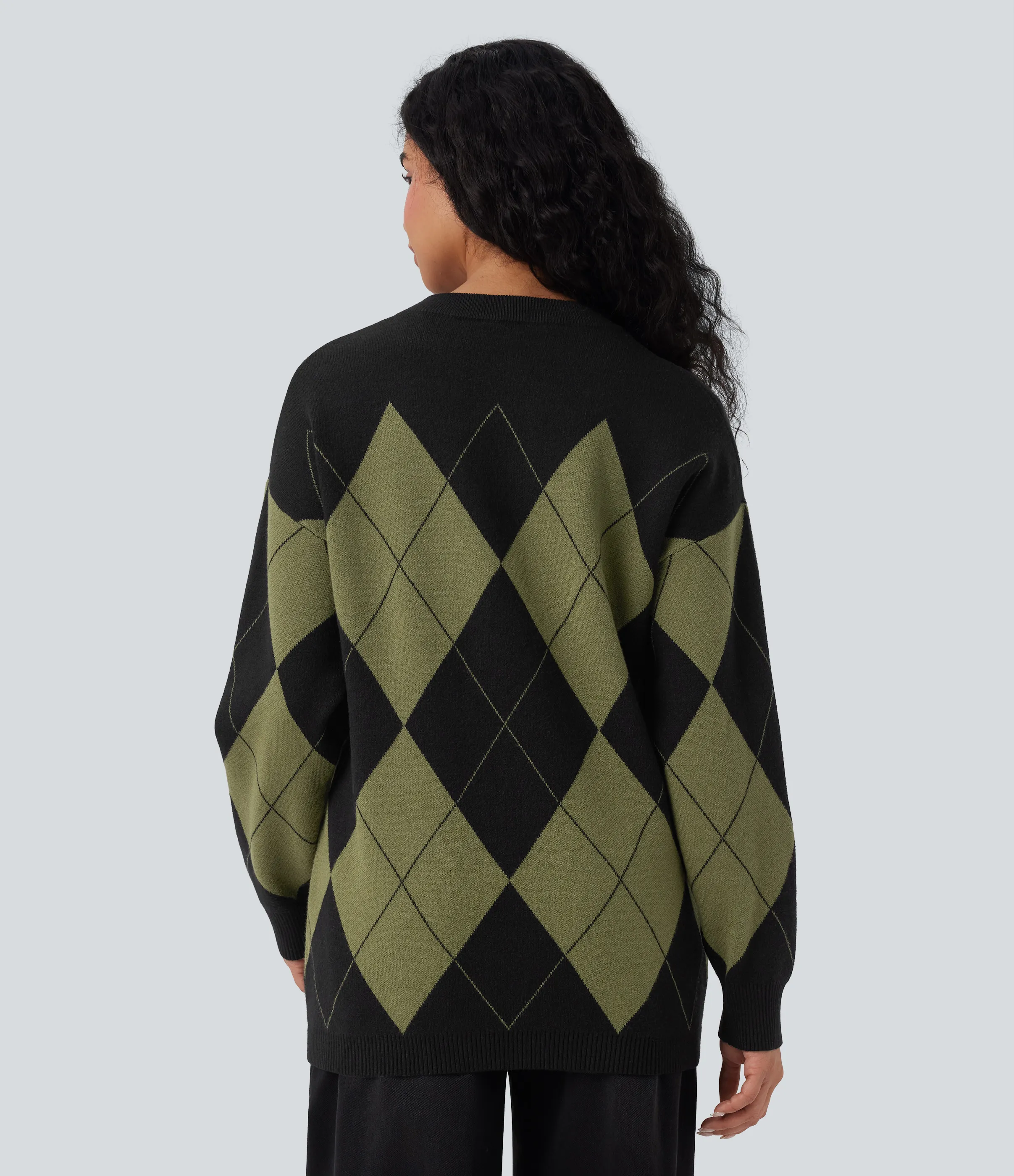Halara Suéter de oficina con cuello redondo de manga larga y cuadros de rombos - Field Noir - XS sold by Halara product image thumbnail 3