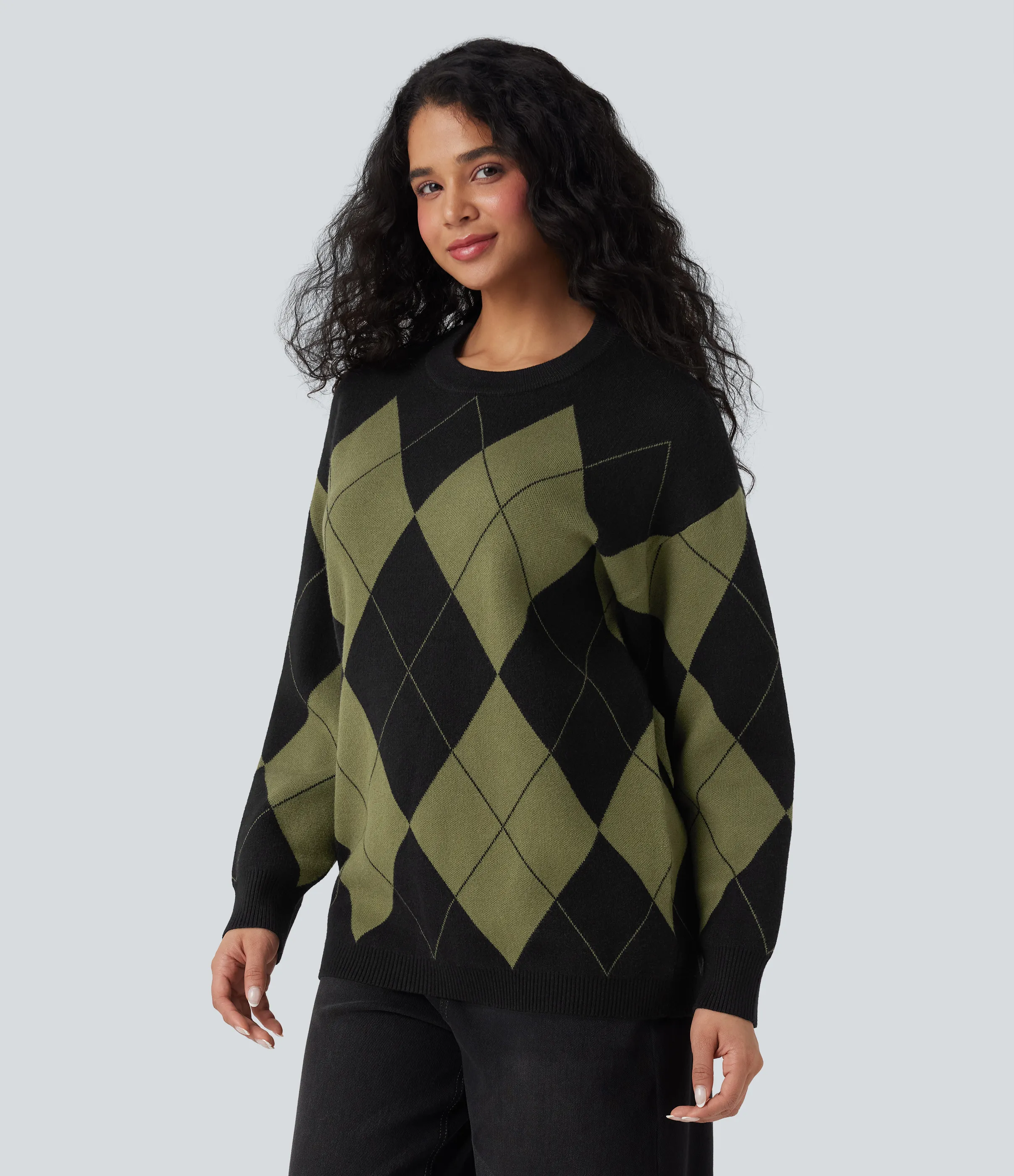 Halara Suéter de oficina con cuello redondo de manga larga y cuadros de rombos - Field Noir - XS sold by Halara product image thumbnail 4
