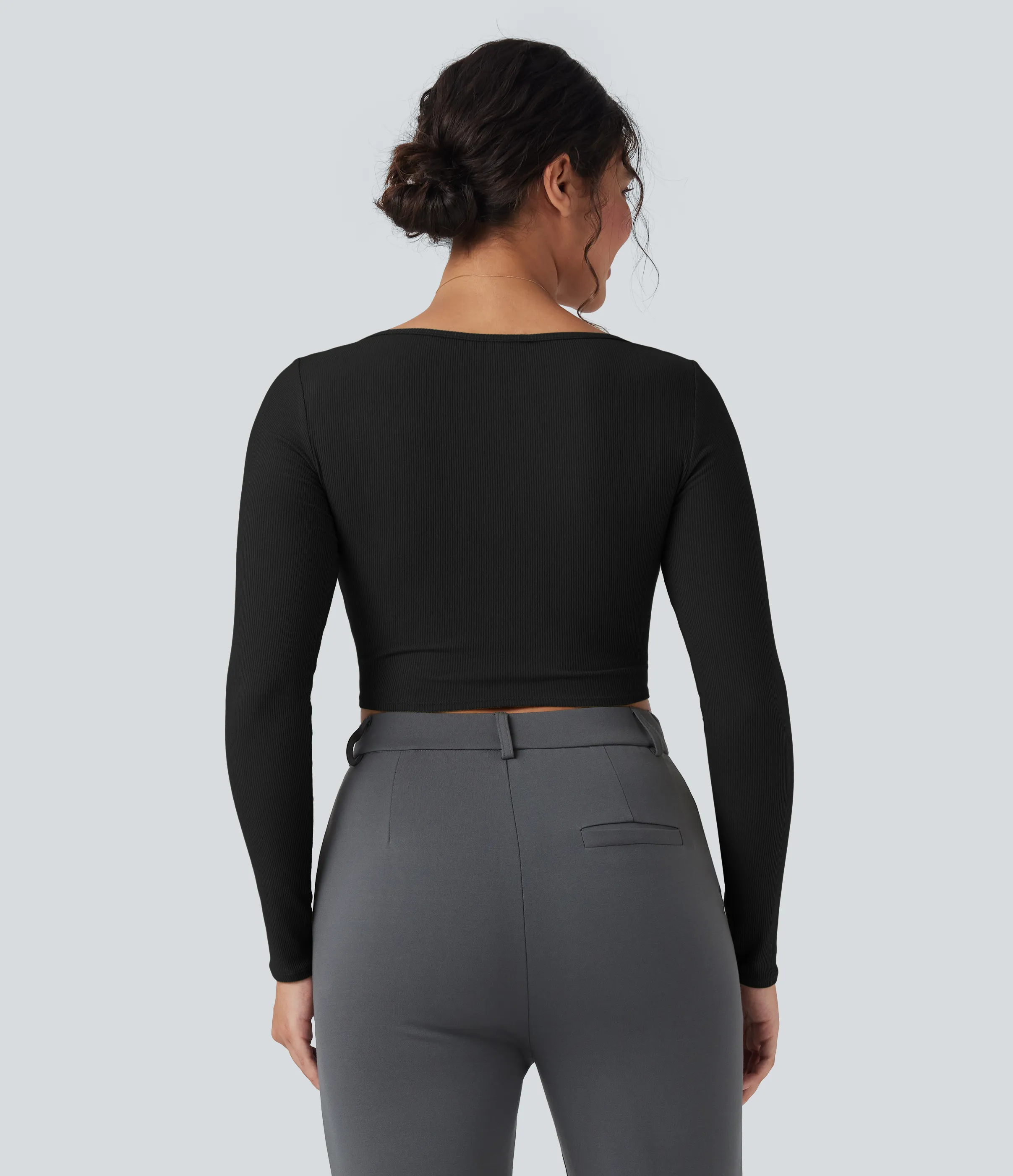 Halara Camiseta de oficina de punto acanalado con cuello cuadrado de manga larga y dobladillo curvo - Black - L sold by Halara product image thumbnail 3