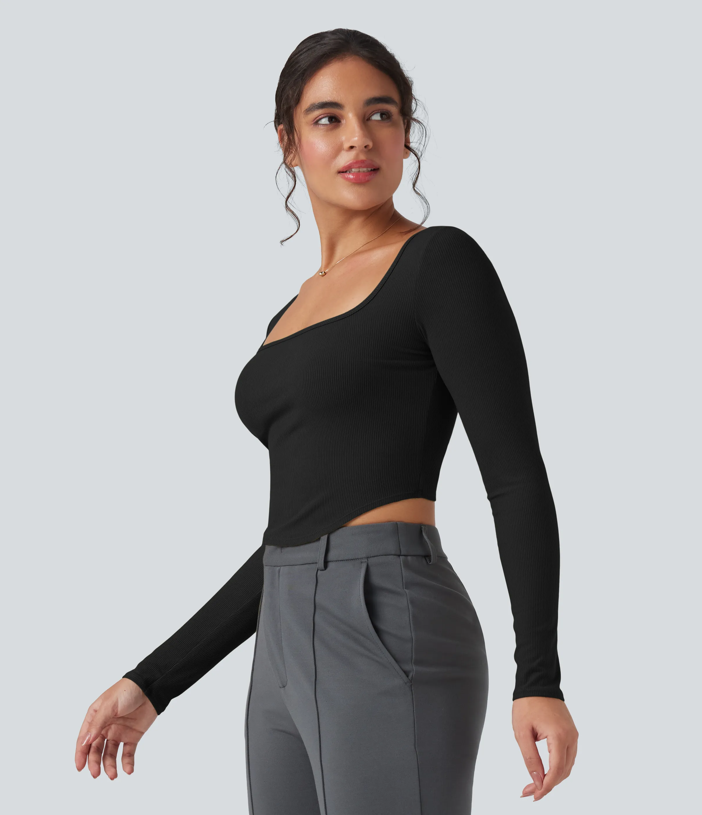 Halara Camiseta de oficina de punto acanalado con cuello cuadrado de manga larga y dobladillo curvo - Black - L sold by Halara product image thumbnail 4