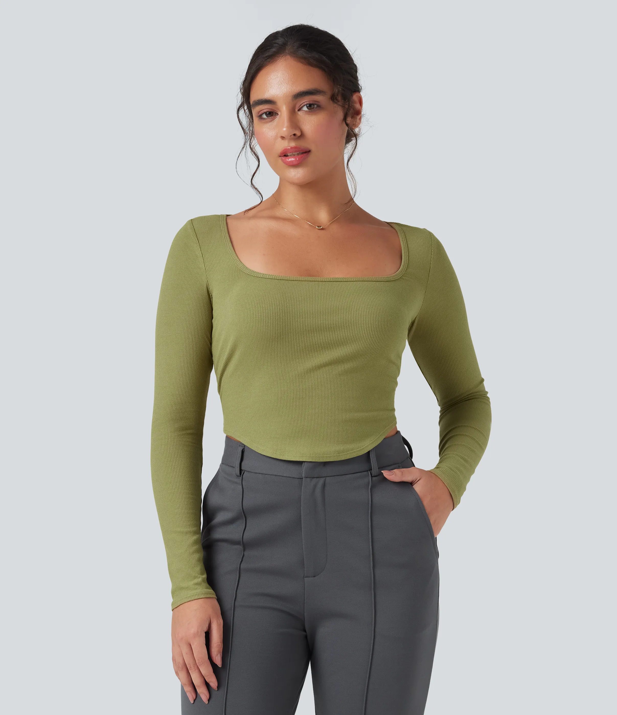 Halara Camiseta de oficina de punto acanalado con cuello cuadrado de manga larga y dobladillo curvo - Green Olive - L sold by Halara