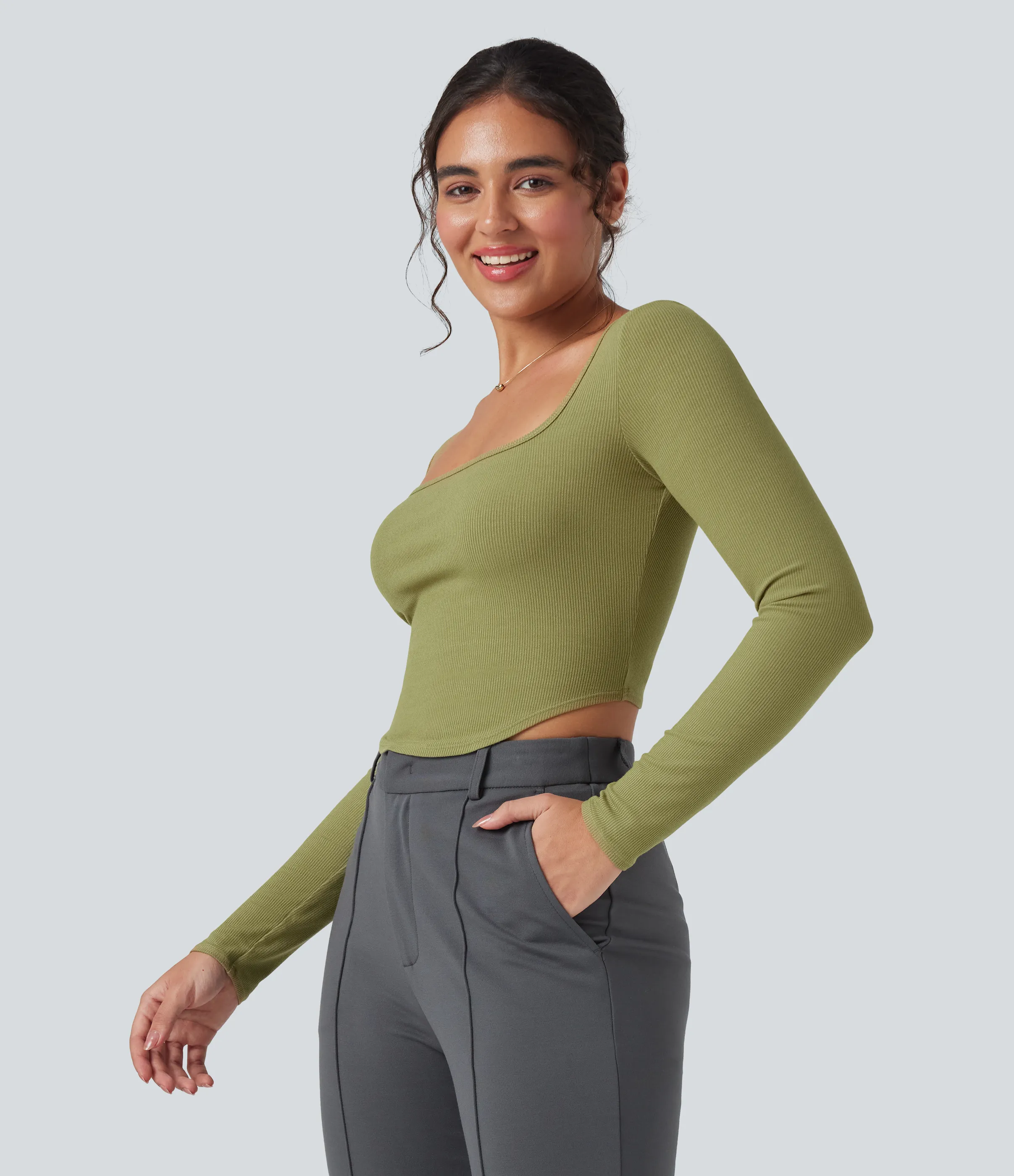 Halara Camiseta de oficina de punto acanalado con cuello cuadrado de manga larga y dobladillo curvo - Green Olive - L sold by Halara product image thumbnail 4