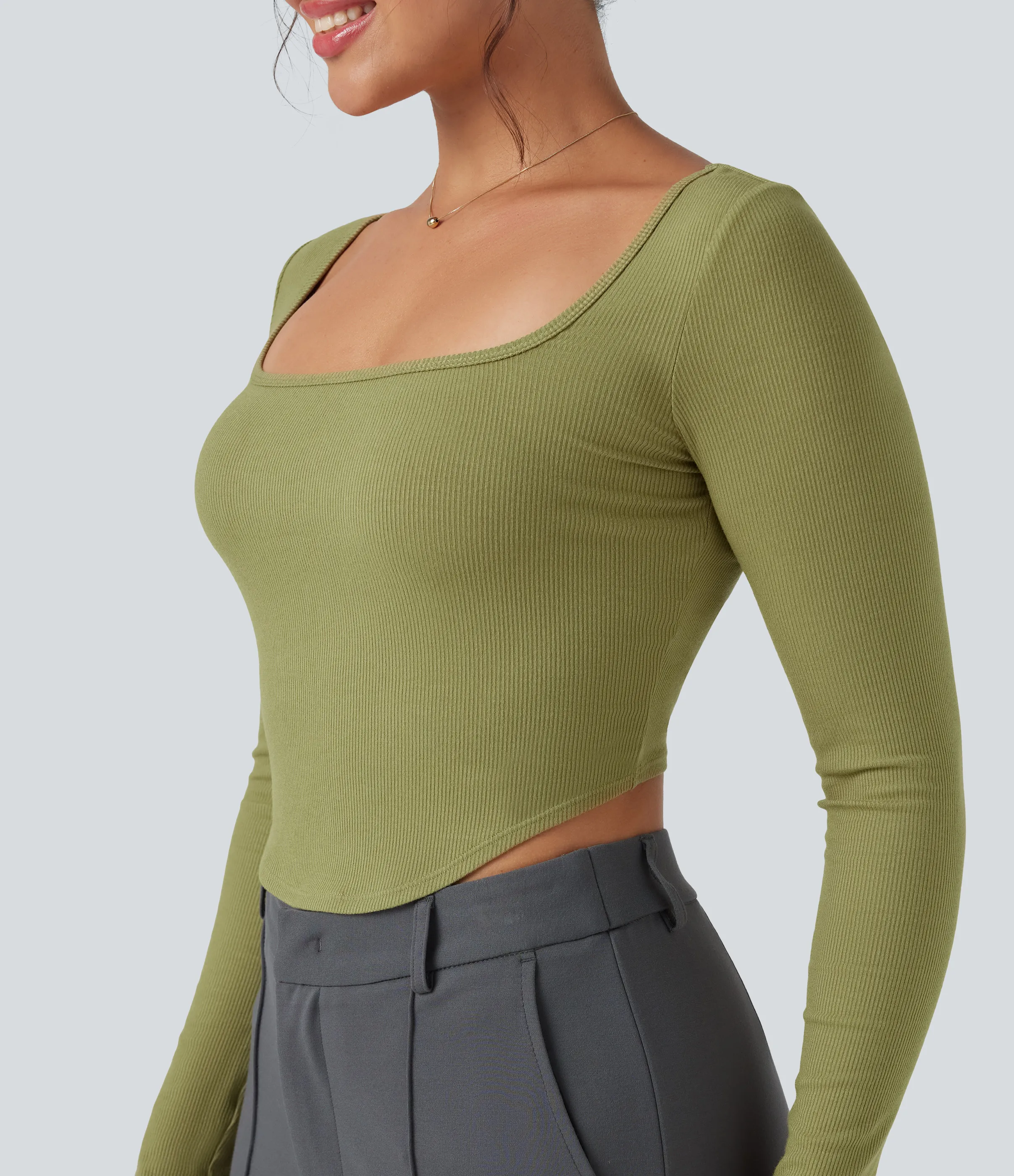 Halara Camiseta de oficina de punto acanalado con cuello cuadrado de manga larga y dobladillo curvo - Green Olive - L sold by Halara product image thumbnail 5