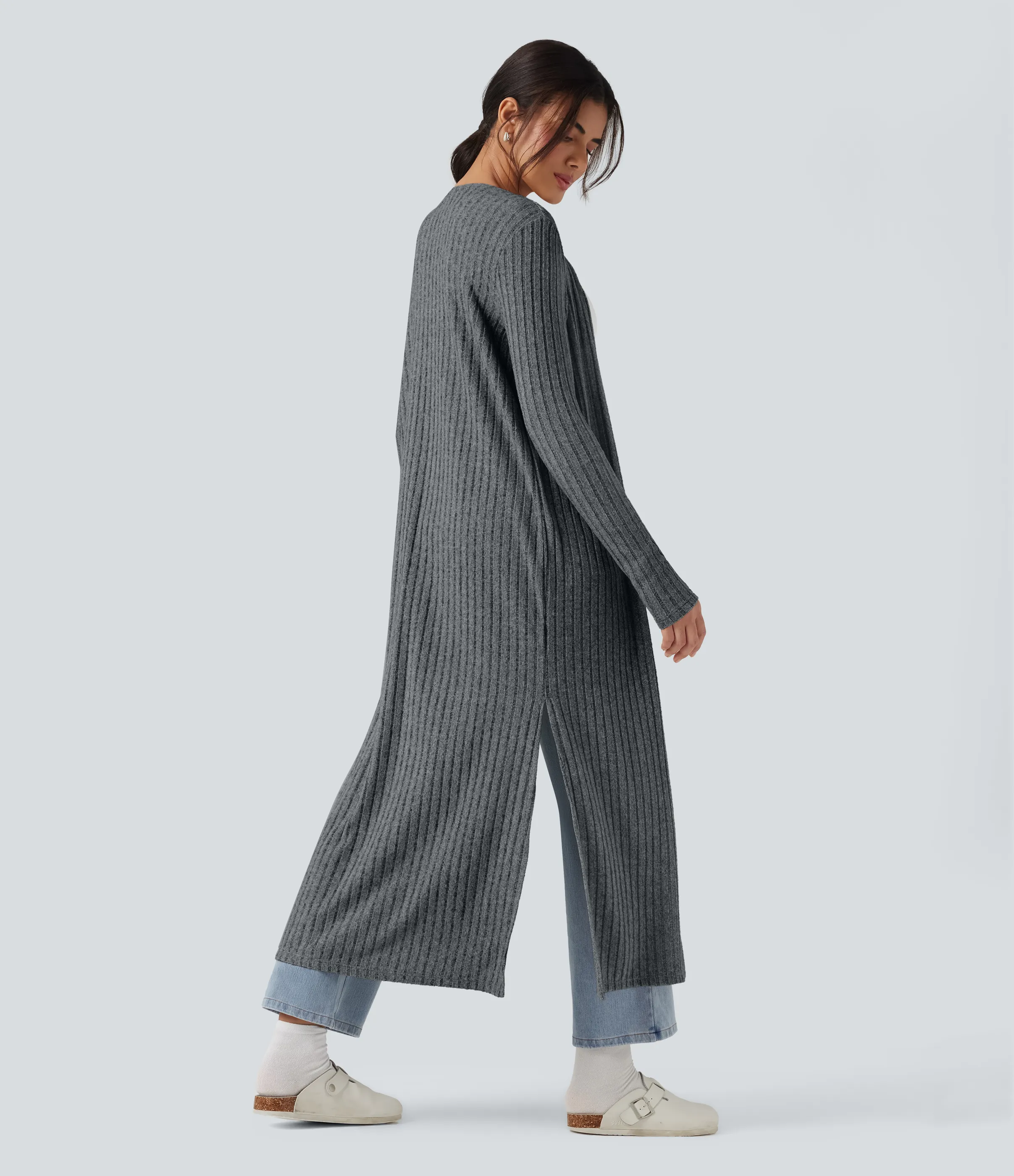 Halara Abrigo largo casual de punto acanalado con mangas largas y abertura - Mottled Dark Gray - L sold by Halara product image thumbnail 3