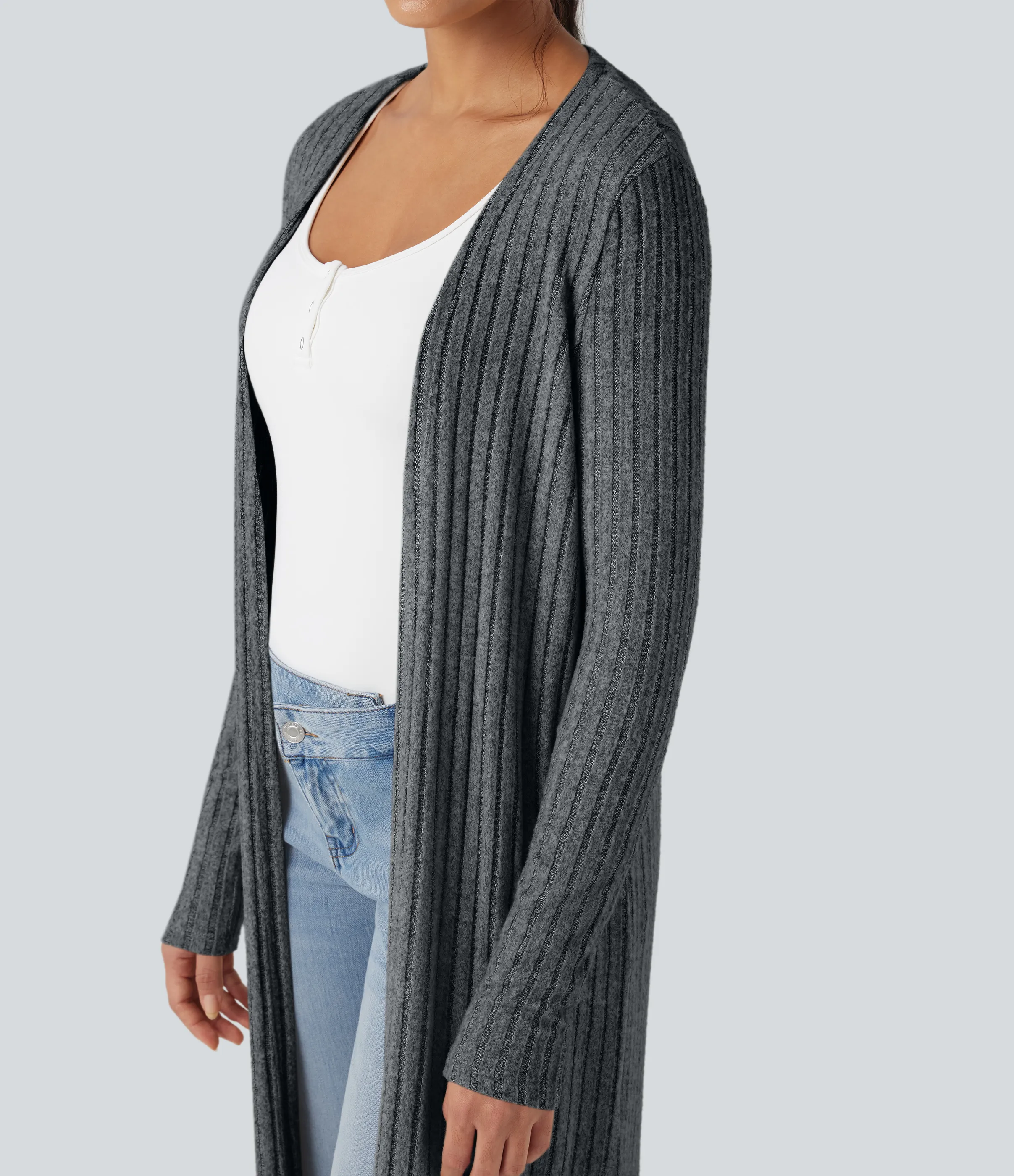 Halara Abrigo largo casual de punto acanalado con mangas largas y abertura - Mottled Dark Gray - L sold by Halara product image thumbnail 5