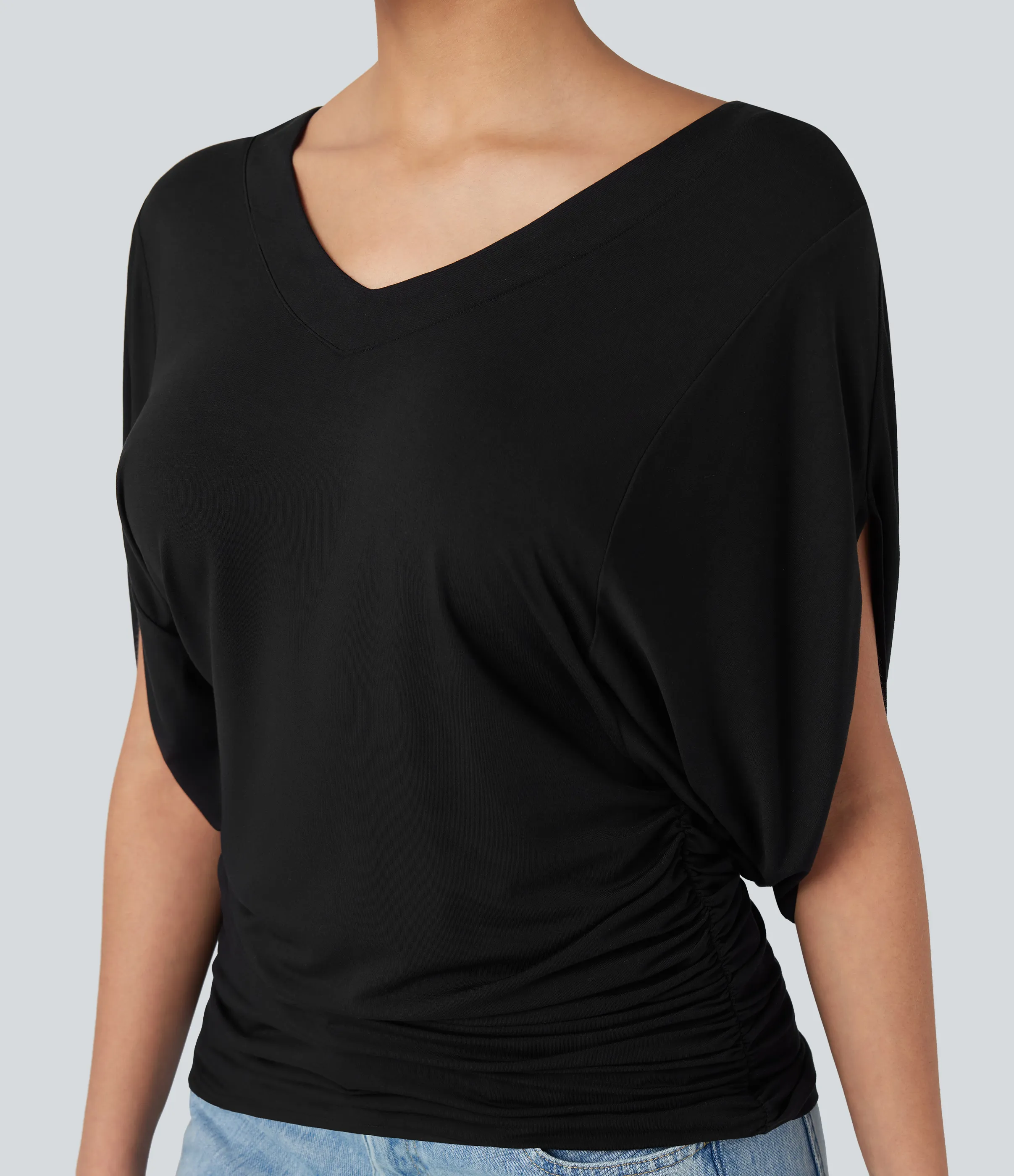 Halara Top casual fruncido con mangas murciélago y escote en V profundo - Black - M sold by Halara product image thumbnail 5
