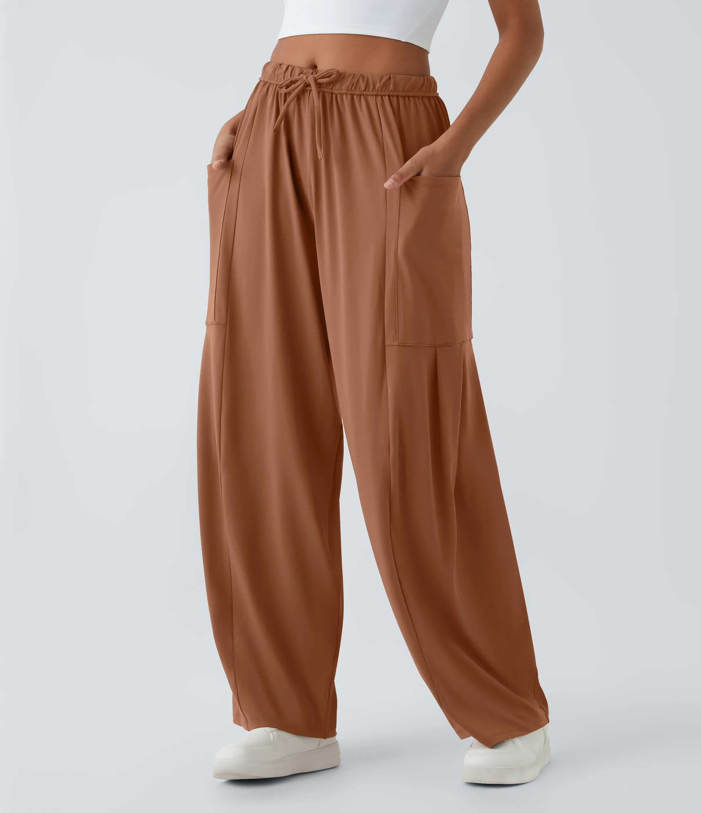 Halara Pantalón pierna ancha fluido palazzo bolsillo lateral cordón ajustable cintura elástica tiro medio - Rust Red - XS(regular) sold by Halara