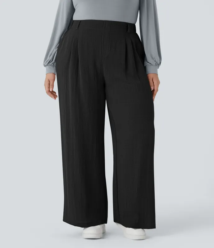 Halara Pantalón tiro alto bolsillo lateral plisado pierna ancha fluido tacto lino talla grande - Black - 1X(regular) made by Halara