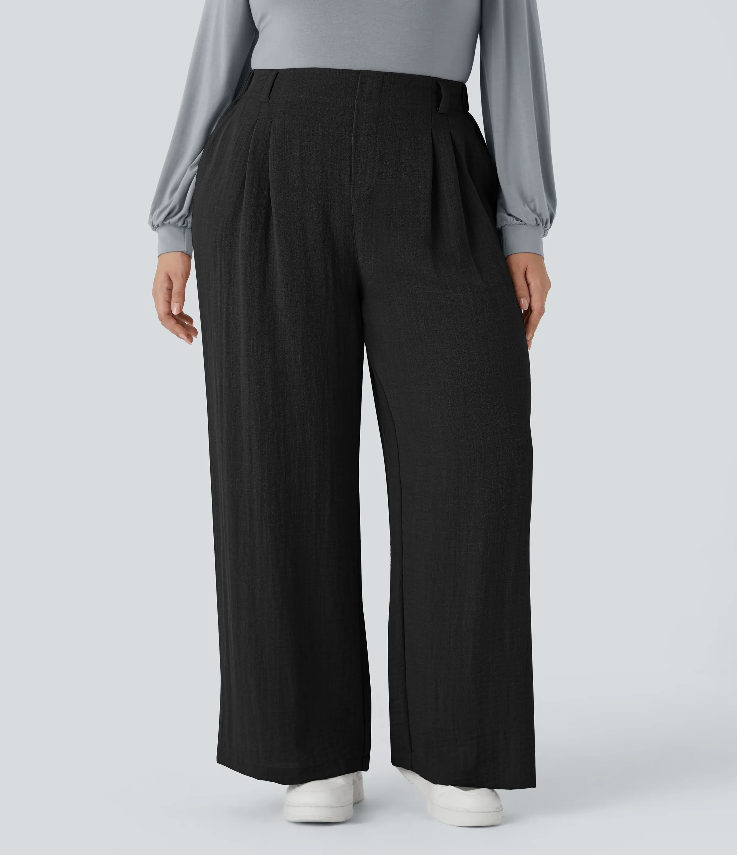 Halara Pantalón tiro alto bolsillo lateral plisado pierna ancha fluido tacto lino talla grande - Black - 1X(regular) sold by Halara product image thumbnail 2